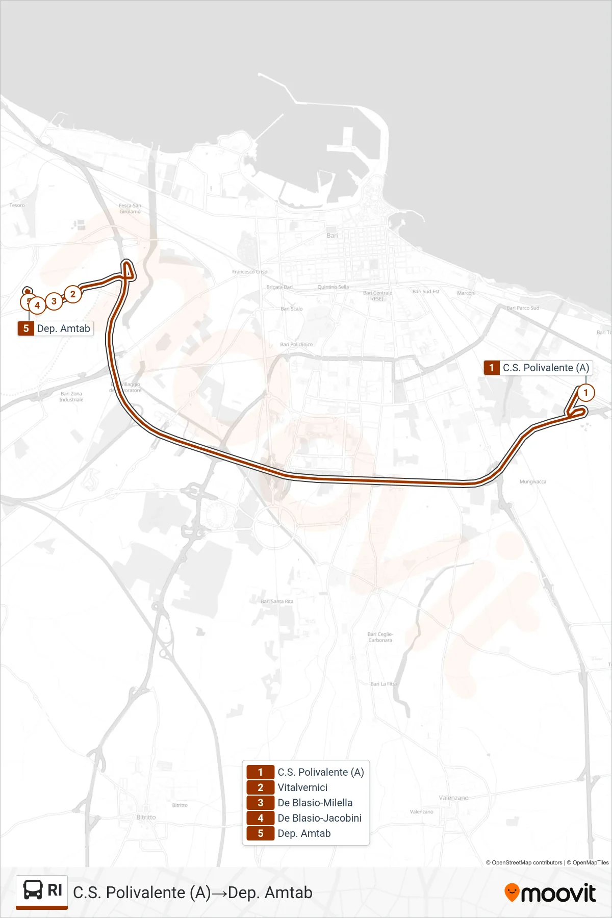 Linea RI bus (C.S. Polivalente (A)→Dep. Amtab) - Percorsi e fermate sulla mappa
