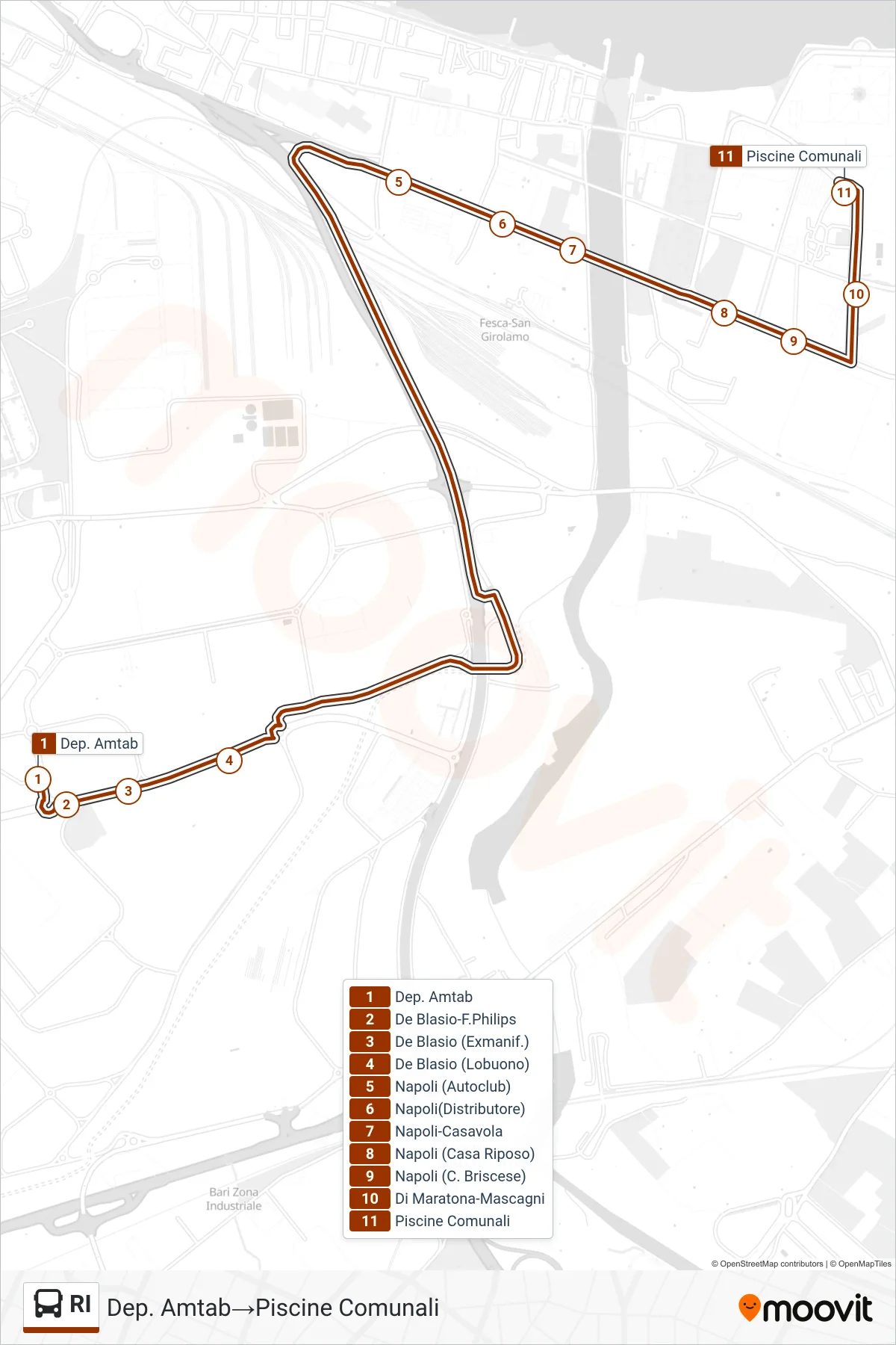 Linea RI bus (Dep. Amtab→Piscine Comunali) - Percorsi e fermate sulla mappa