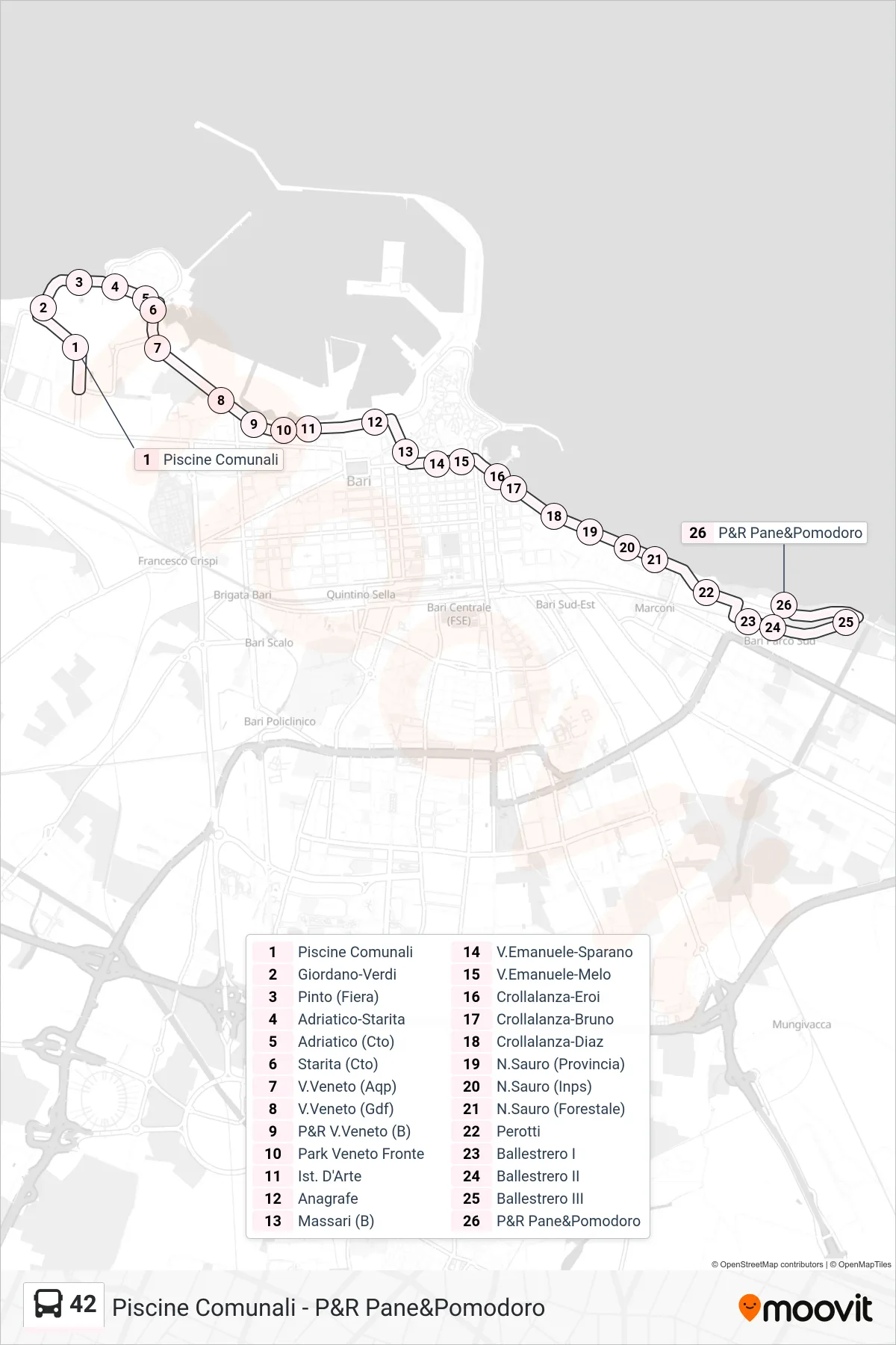 Linea 42 bus (Piscine Comunali→P&R Pane&Pomodoro) - Percorsi e fermate sulla mappa