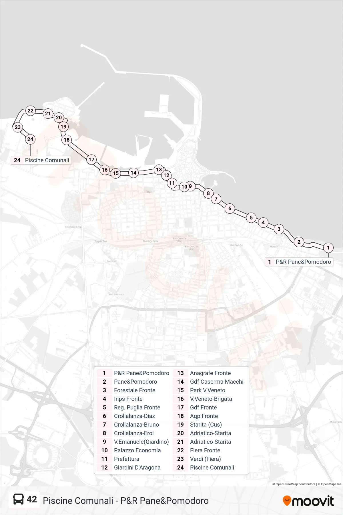 Linea 42  bus (P&R Pane&Pomodoro‎→Piscine Comunali) - Percorsi e fermate sulla mappa