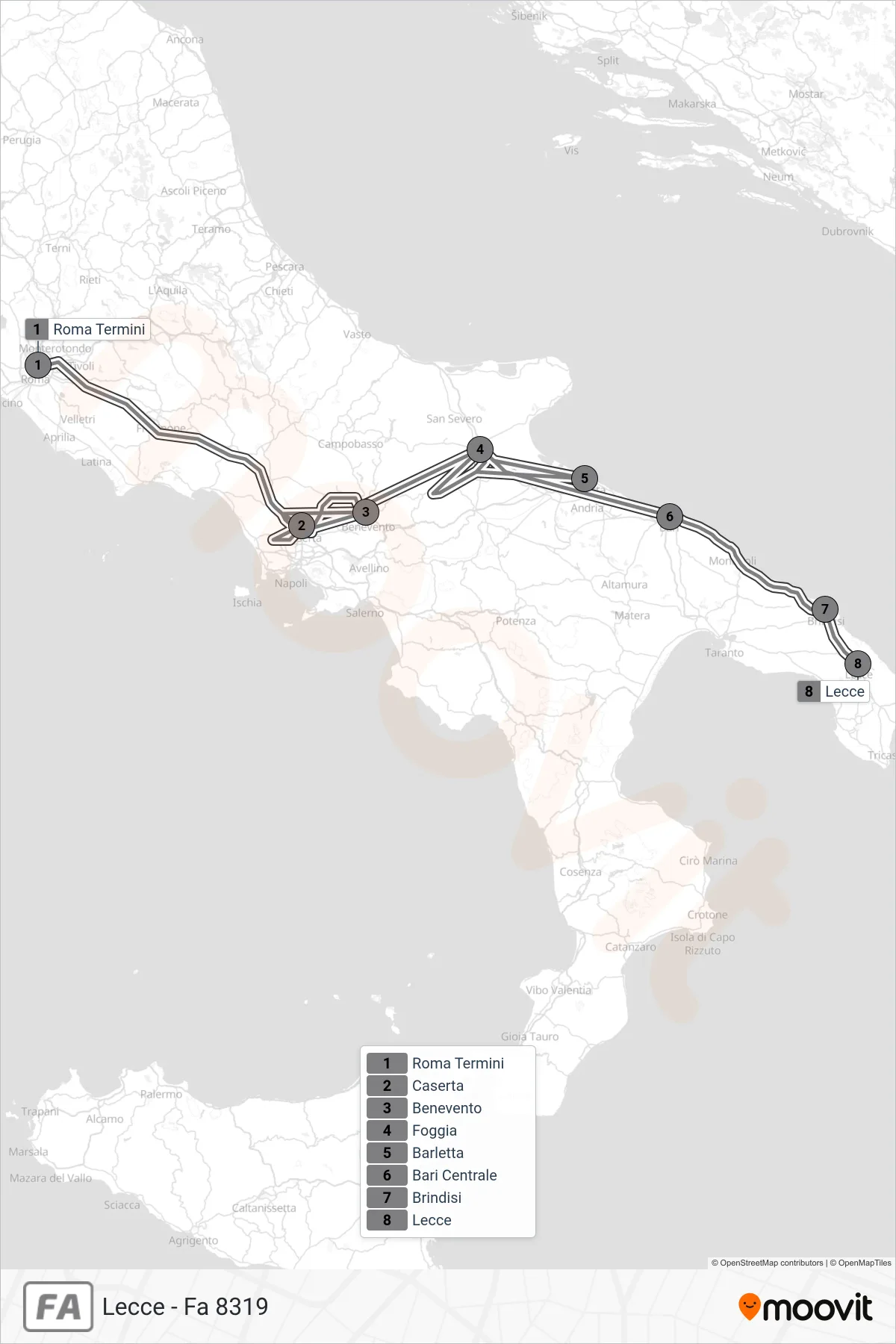 Linea FA treno (Lecce - Fa 8319) - Percorsi e fermate sulla mappa