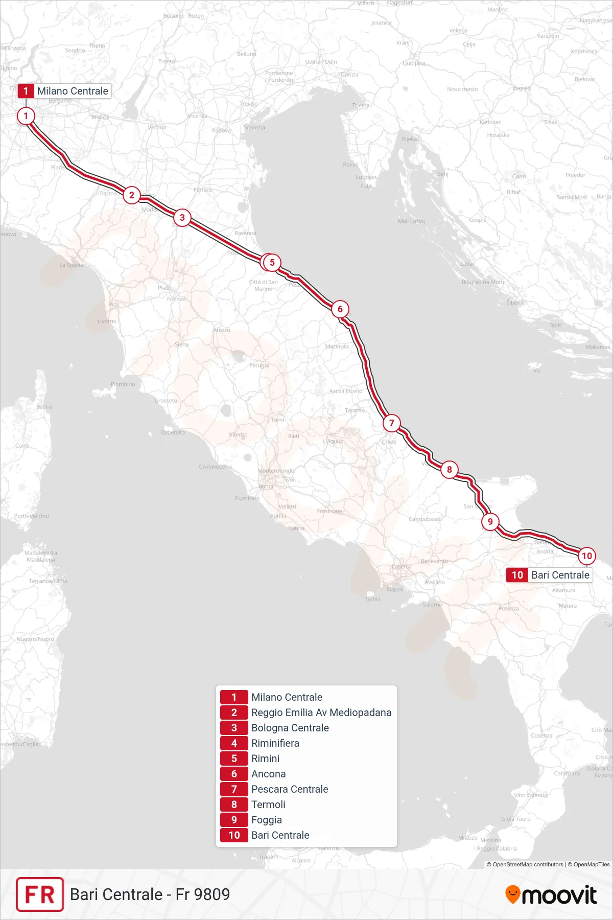 Linea FR treno (Bari Centrale - Fr 9809) - Percorsi e fermate sulla mappa