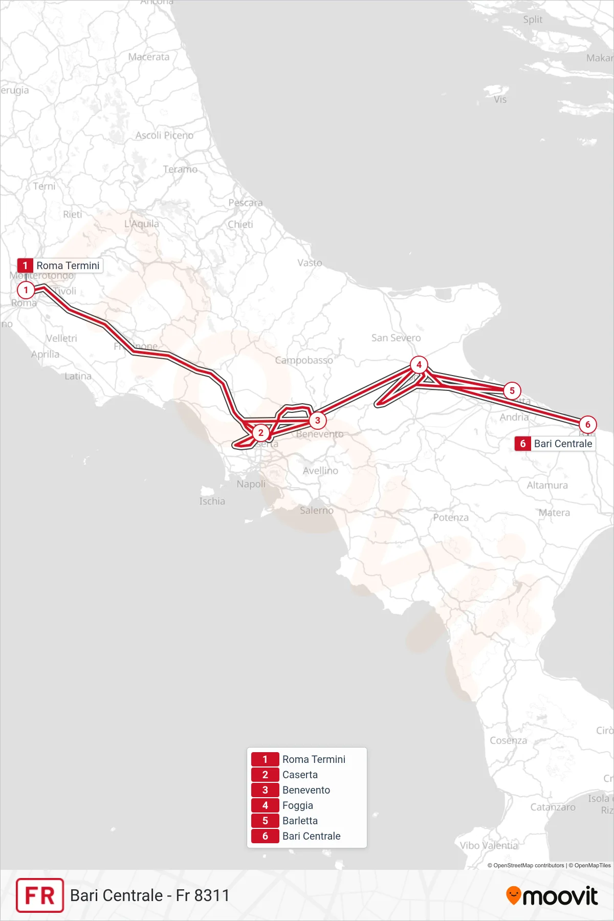 Linea FR treno (Bari Centrale - Fr 8311) - Percorsi e fermate sulla mappa