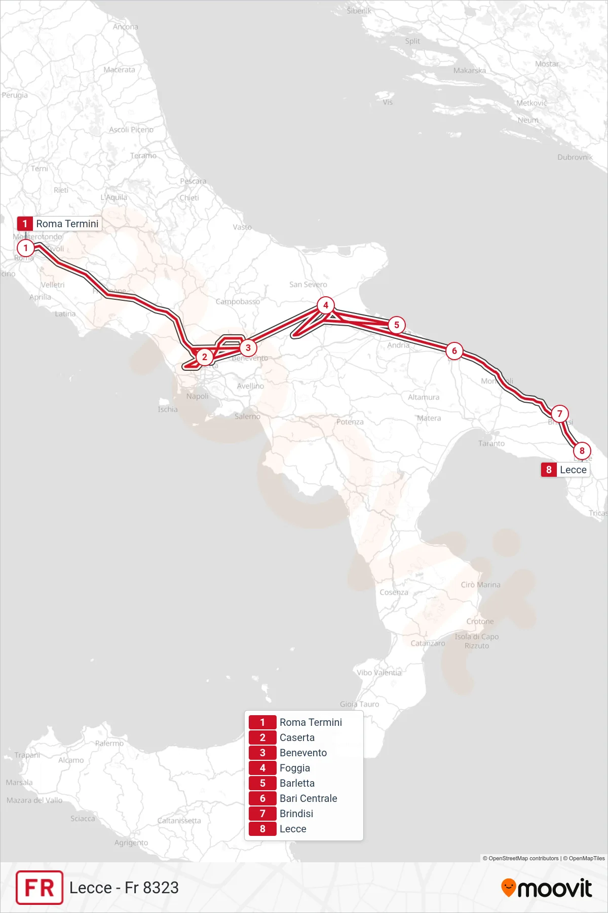 Linea FR  treno (Lecce - Fr 8323) - Percorsi e fermate sulla mappa