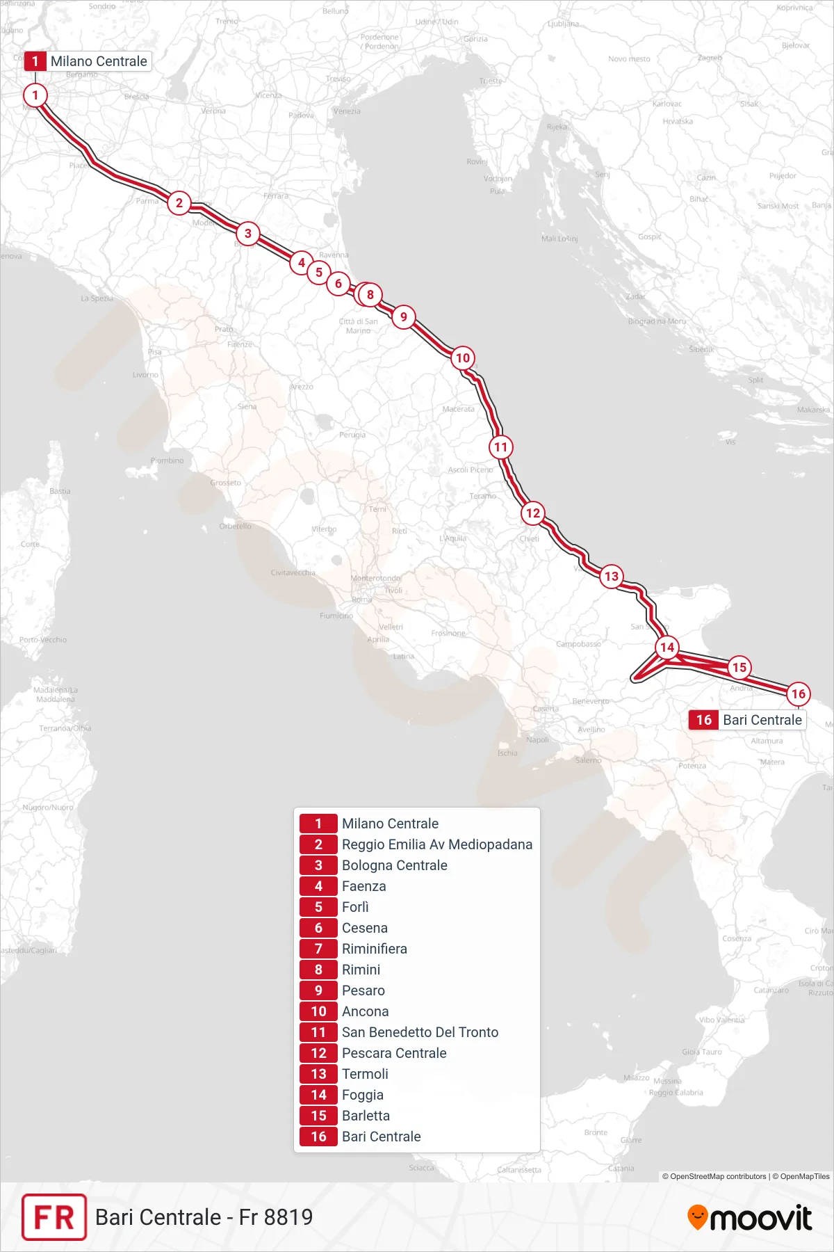 Linea FR  treno (Bari Centrale - Fr 8819) - Percorsi e fermate sulla mappa