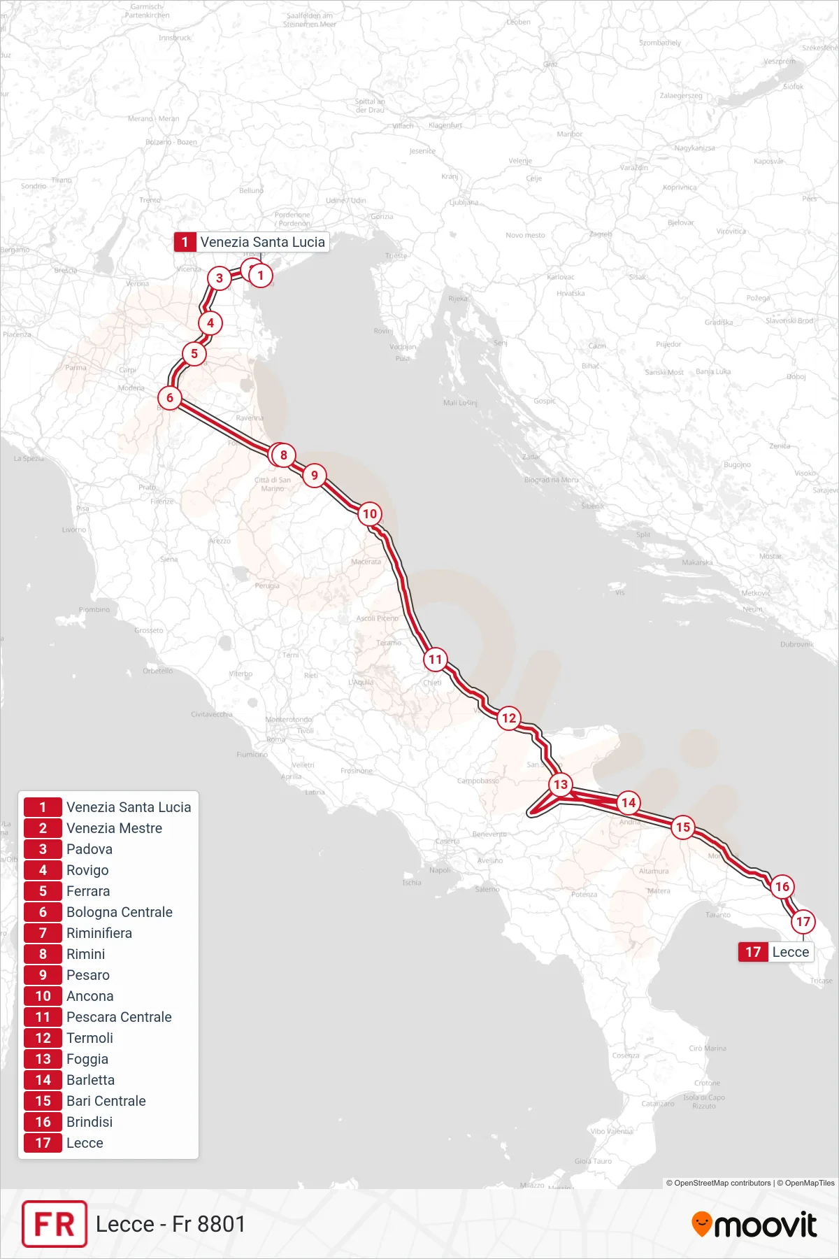 Linea FR  treno (Lecce - Fr 8801) - Percorsi e fermate sulla mappa