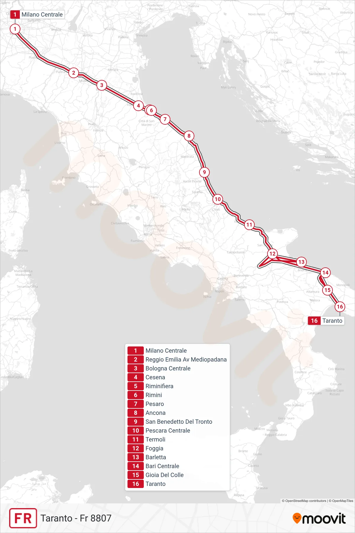 Linea FR treno (Taranto - Fr 8807) - Percorsi e fermate sulla mappa
