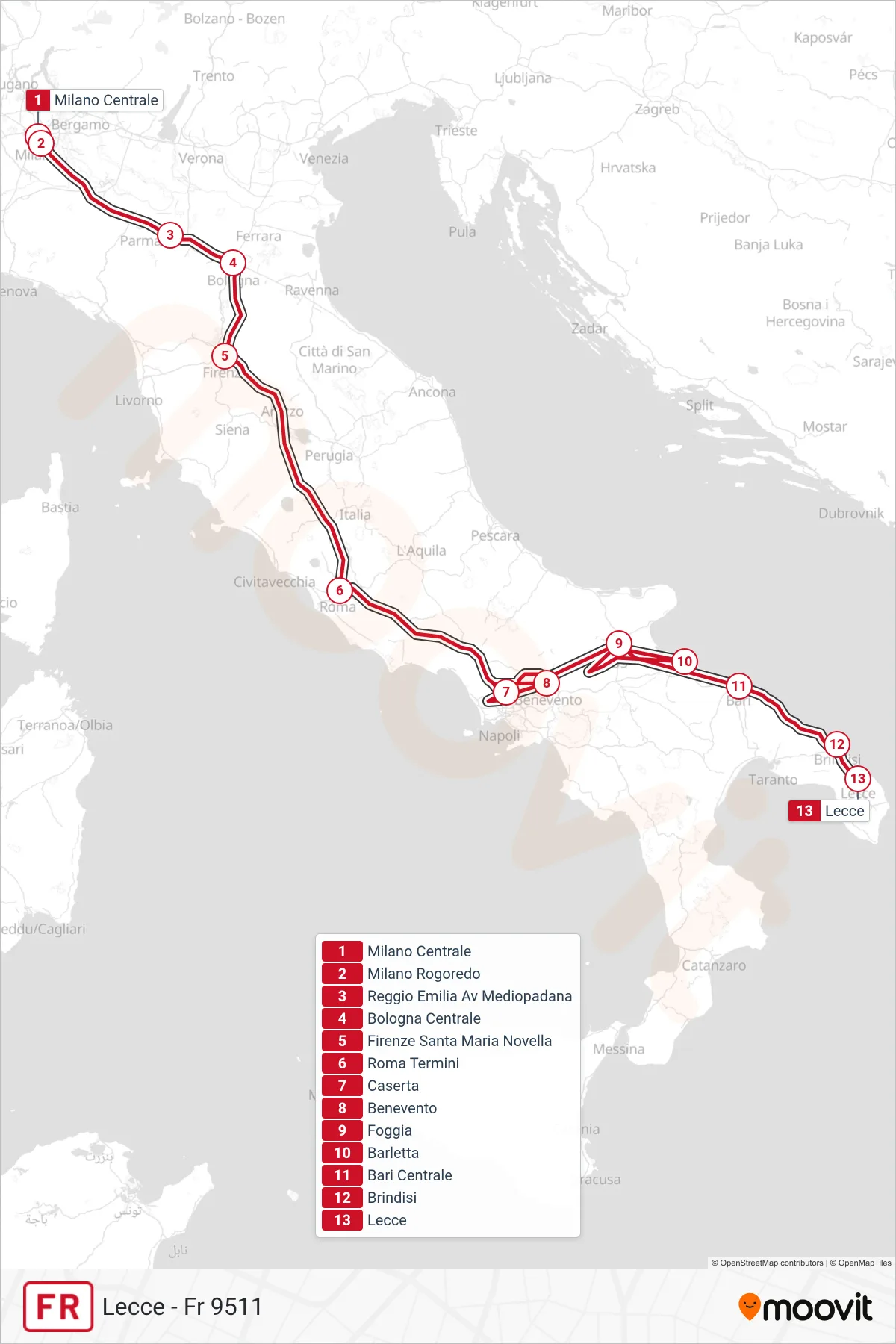 Linea FR treno (Lecce - Fr 9511) - Percorsi e fermate sulla mappa