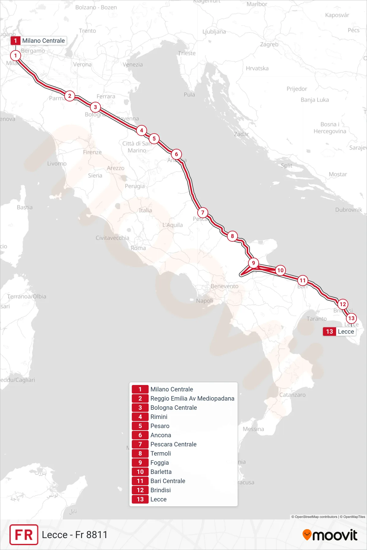 Linea FR treno (Lecce - Fr 8811) - Percorsi e fermate sulla mappa