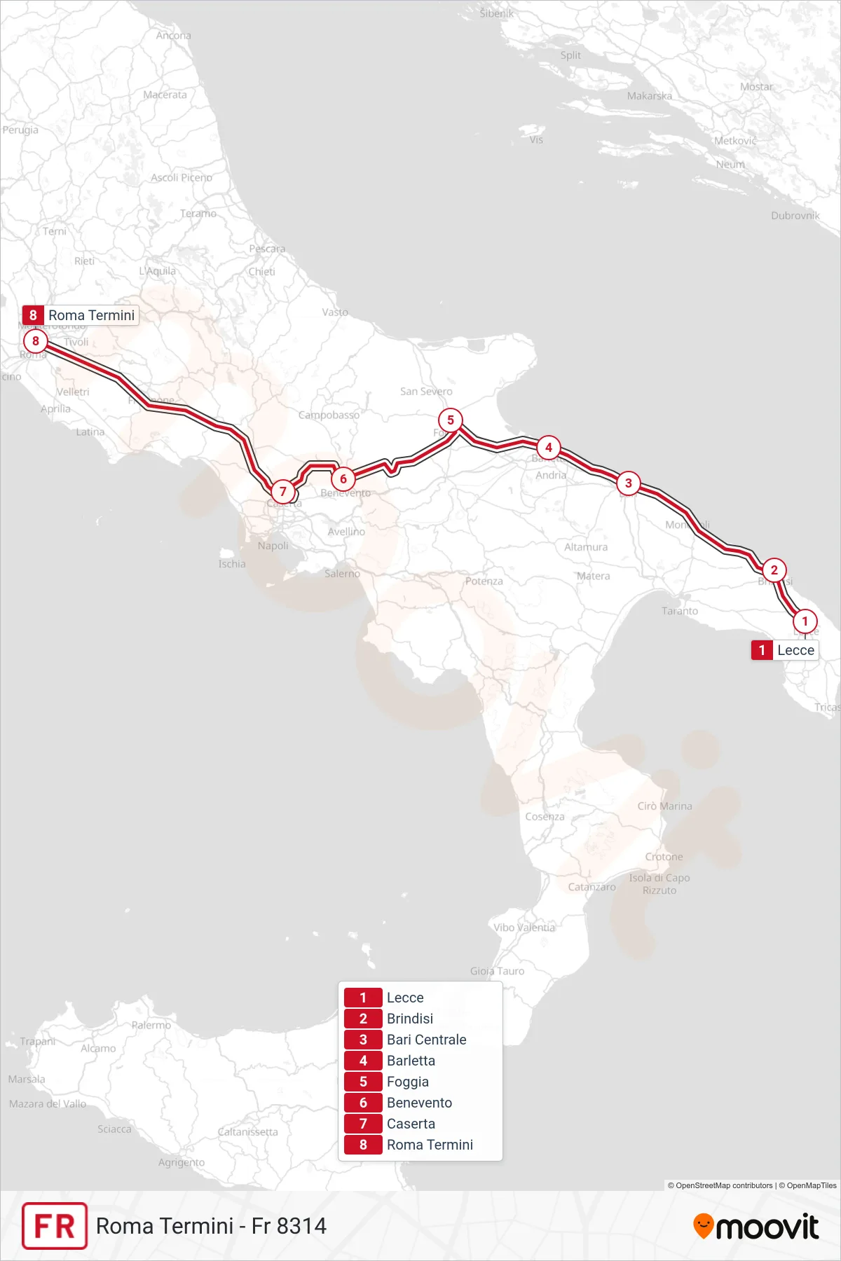 Linea FR treno (Roma Termini - Fr 8314) - Percorsi e fermate sulla mappa