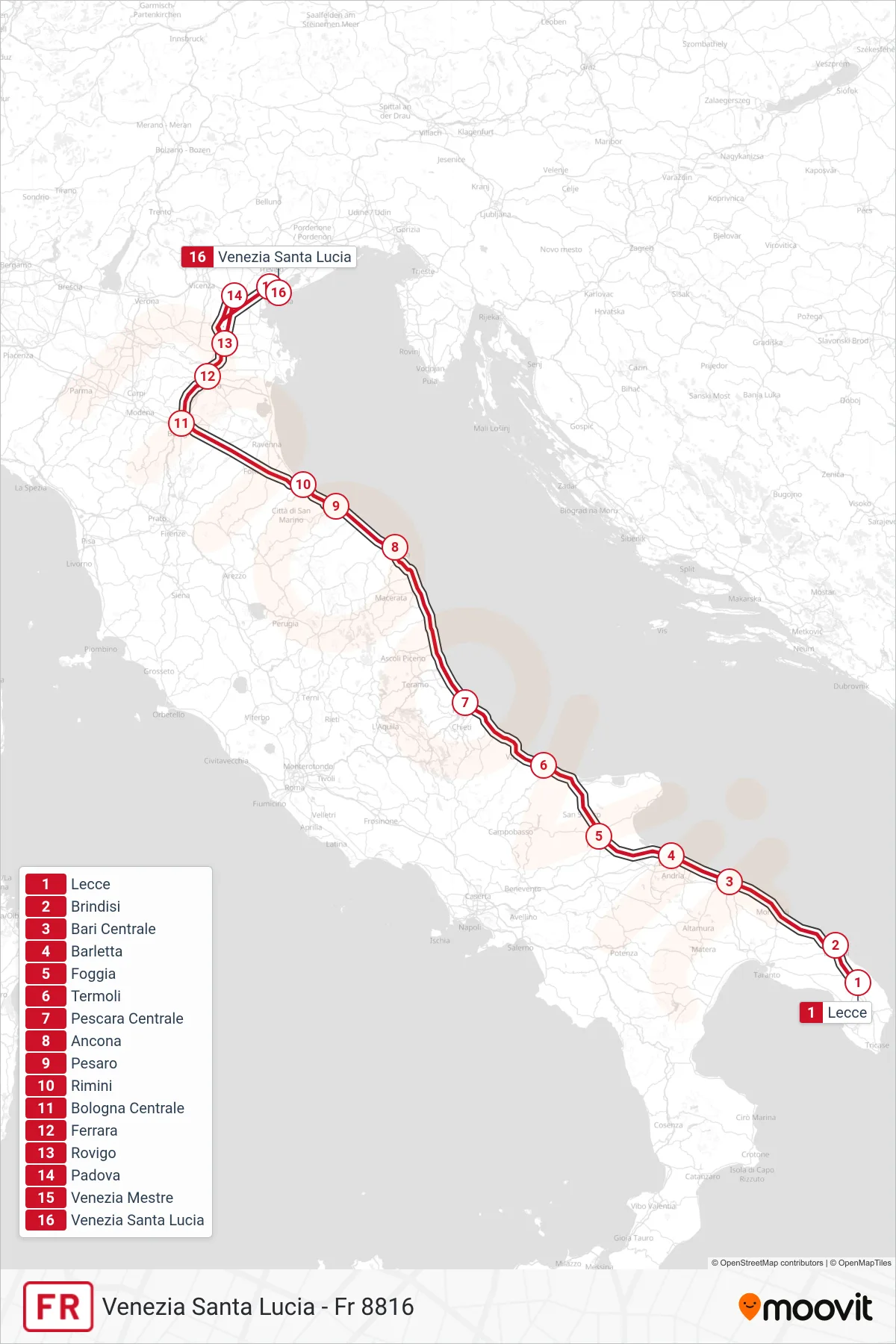 Linea FR treno (Venezia Santa Lucia - Fr 8816) - Percorsi e fermate sulla mappa