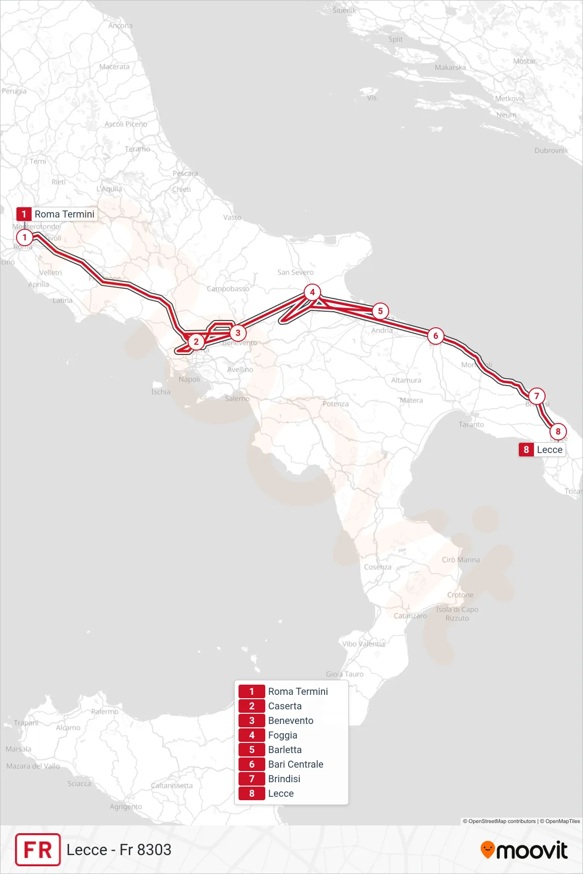 Linea FR treno (Lecce - Fr 8303) - Percorsi e fermate sulla mappa