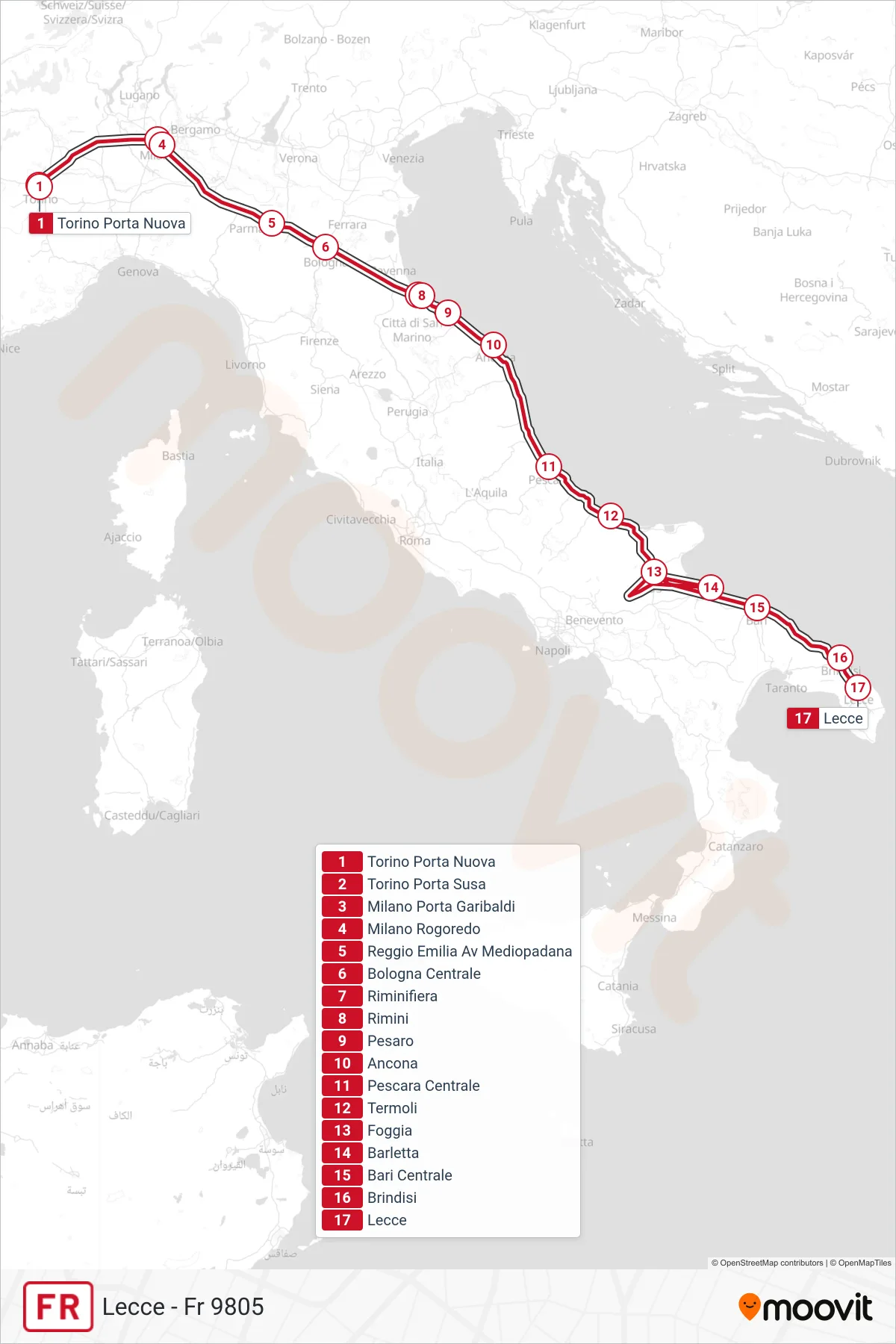 Linea FR treno (Lecce - Fr 9805) - Percorsi e fermate sulla mappa