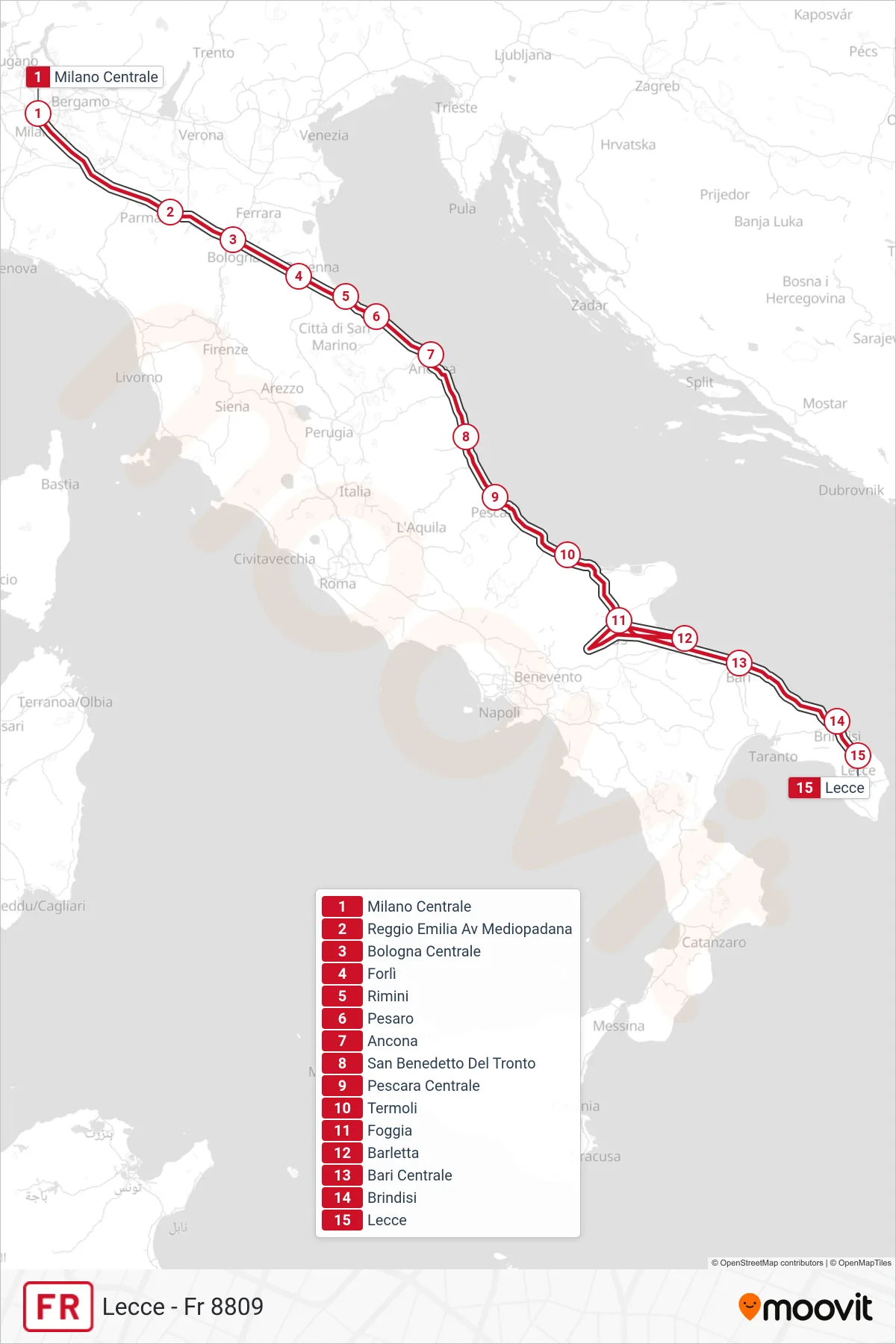 Linea FR treno (Lecce - Fr 8809) - Percorsi e fermate sulla mappa