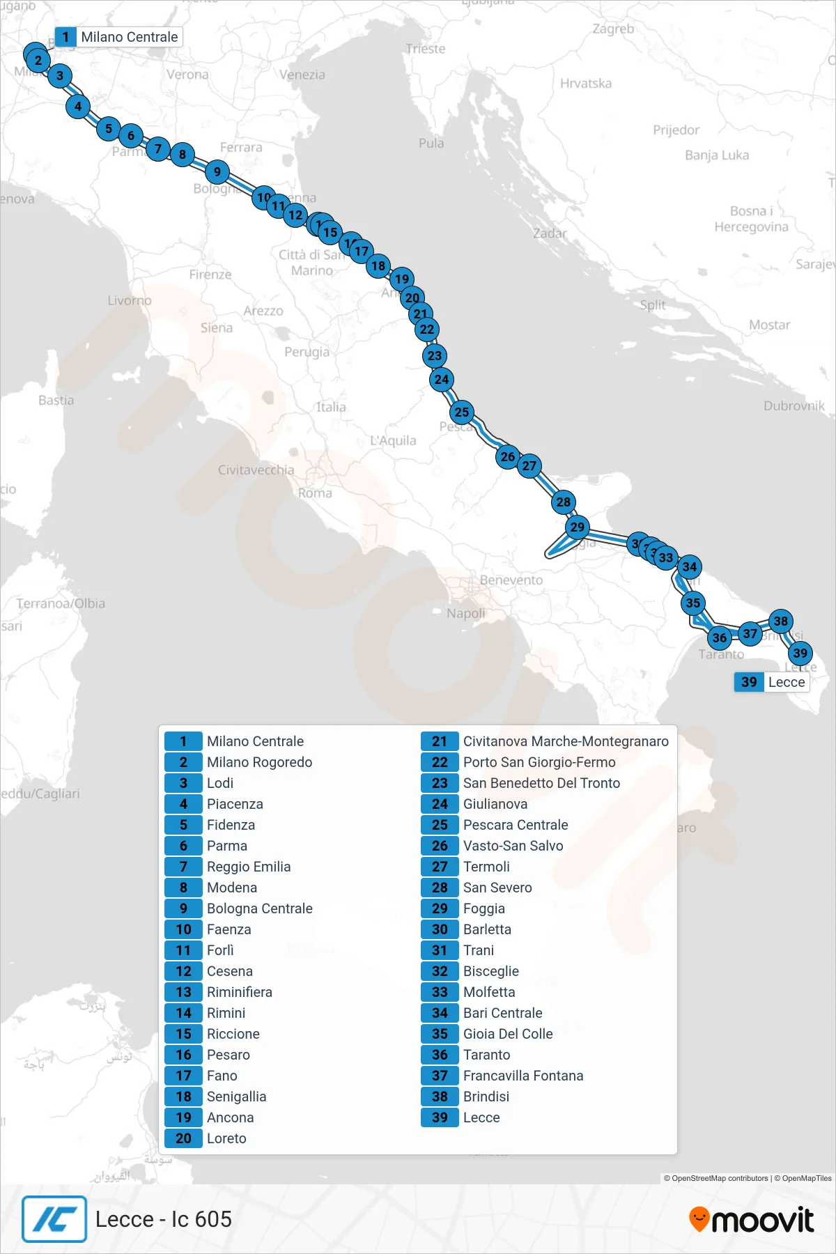 Linea IC treno (Lecce - Ic 605) - Percorsi e fermate sulla mappa