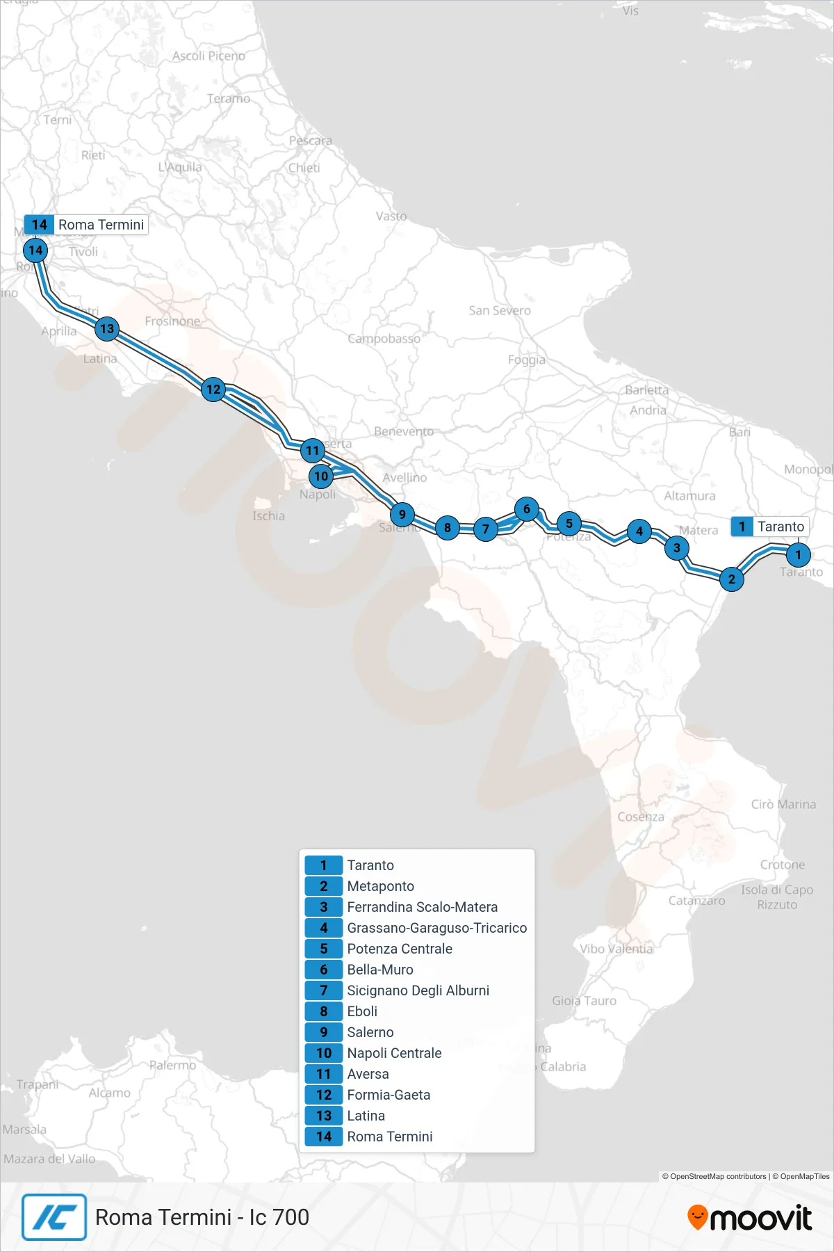 Linea IC treno (Roma Termini - Ic 700) - Percorsi e fermate sulla mappa
