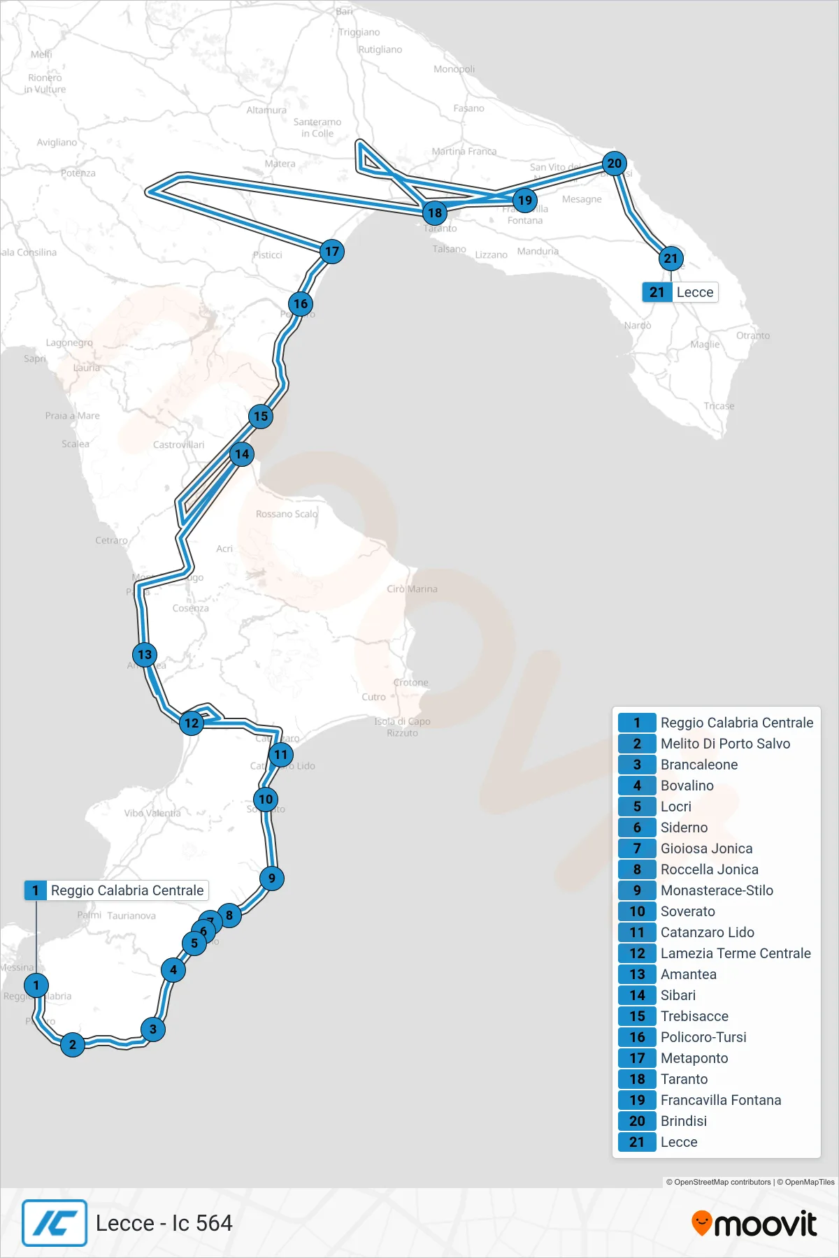 Linea IC treno (Lecce - Ic 564) - Percorsi e fermate sulla mappa