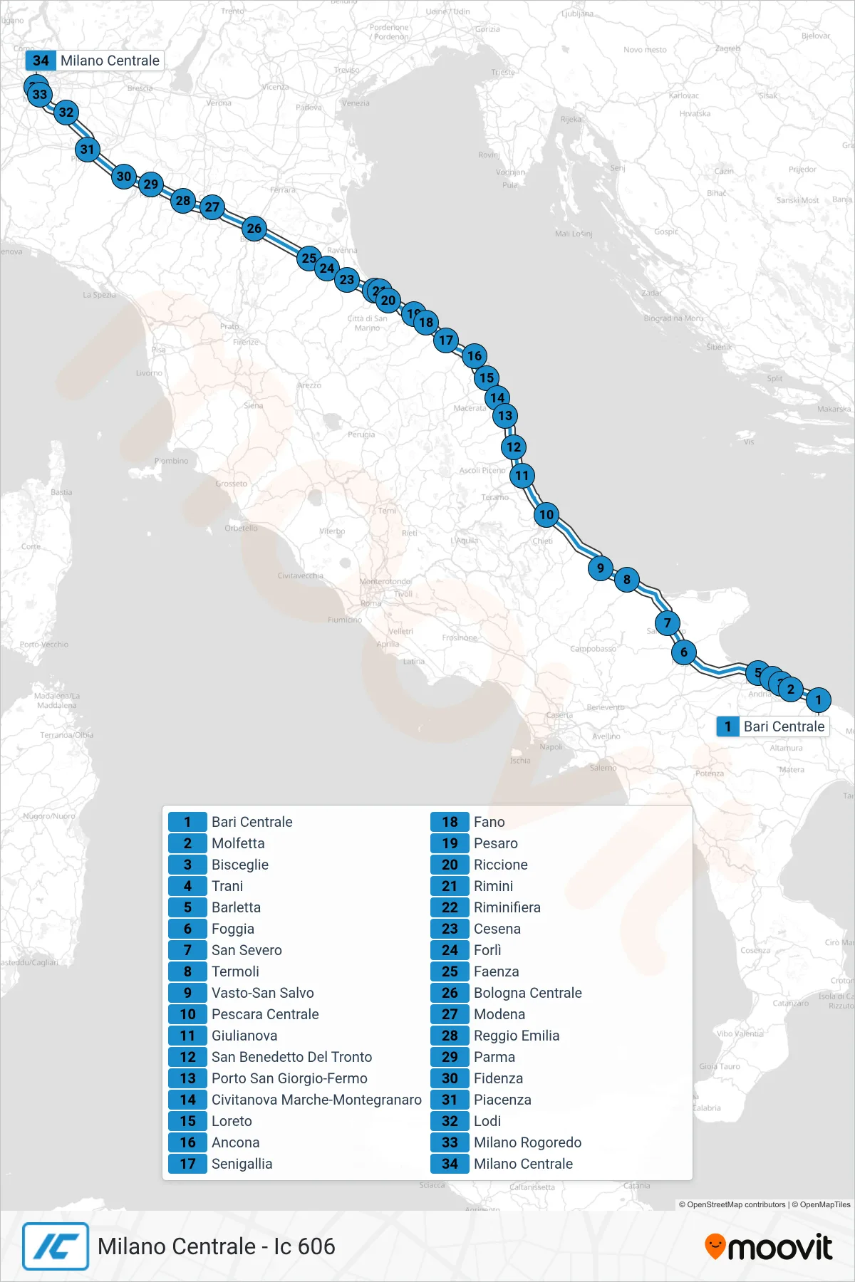 Linea IC treno (Milano Centrale - Ic 606) - Percorsi e fermate sulla mappa