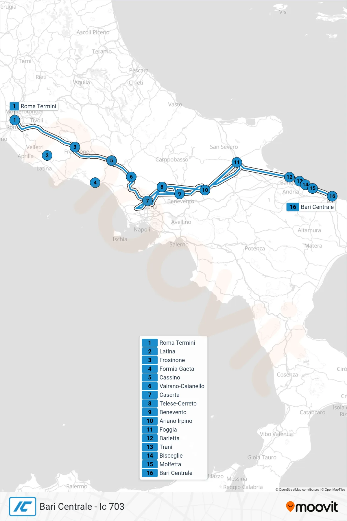 Linea IC treno (Bari Centrale - Ic 703) - Percorsi e fermate sulla mappa