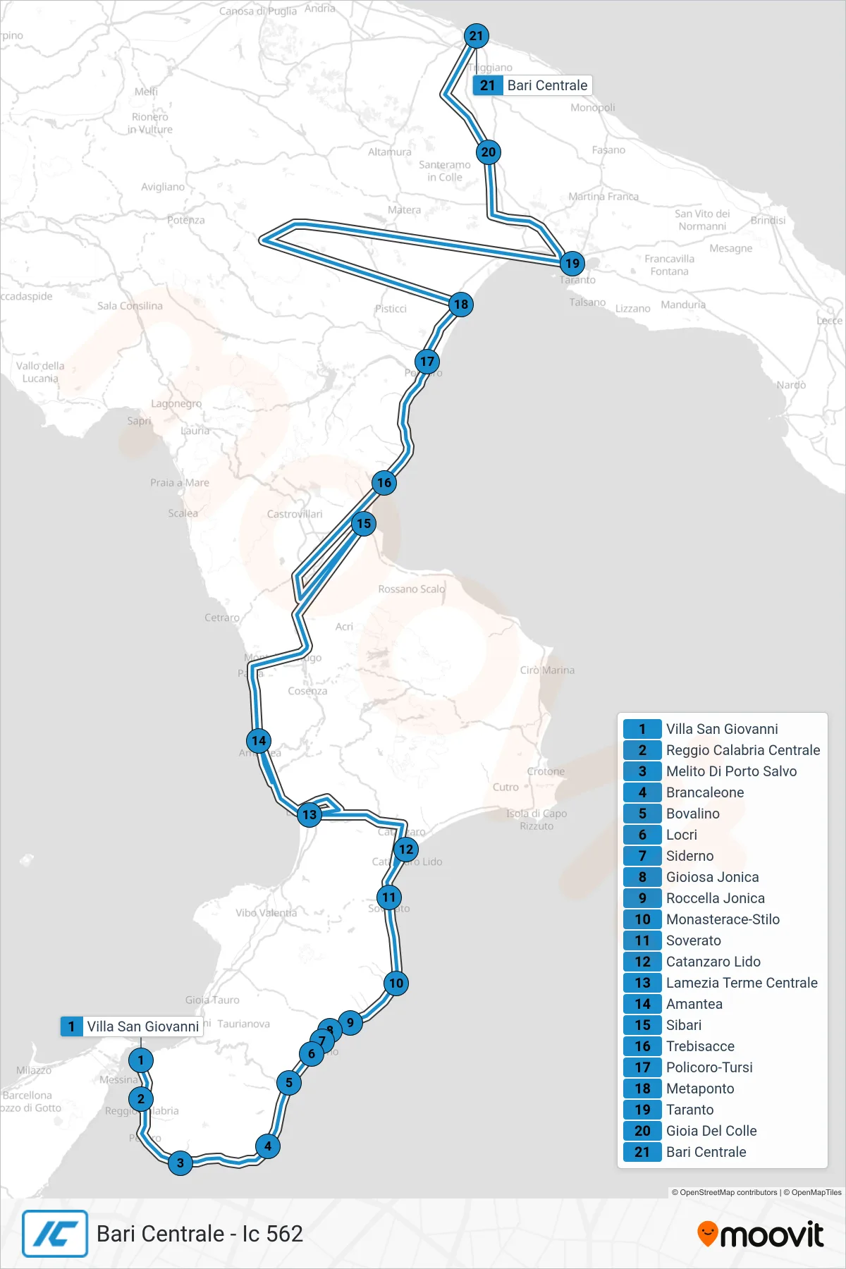 Linea IC treno (Bari Centrale - Ic 562) - Percorsi e fermate sulla mappa