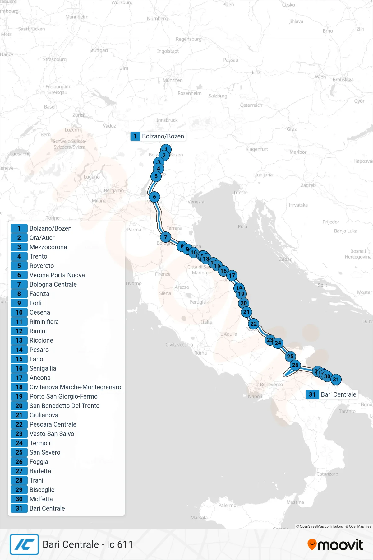 Linea IC treno (Bari Centrale - Ic 611) - Percorsi e fermate sulla mappa