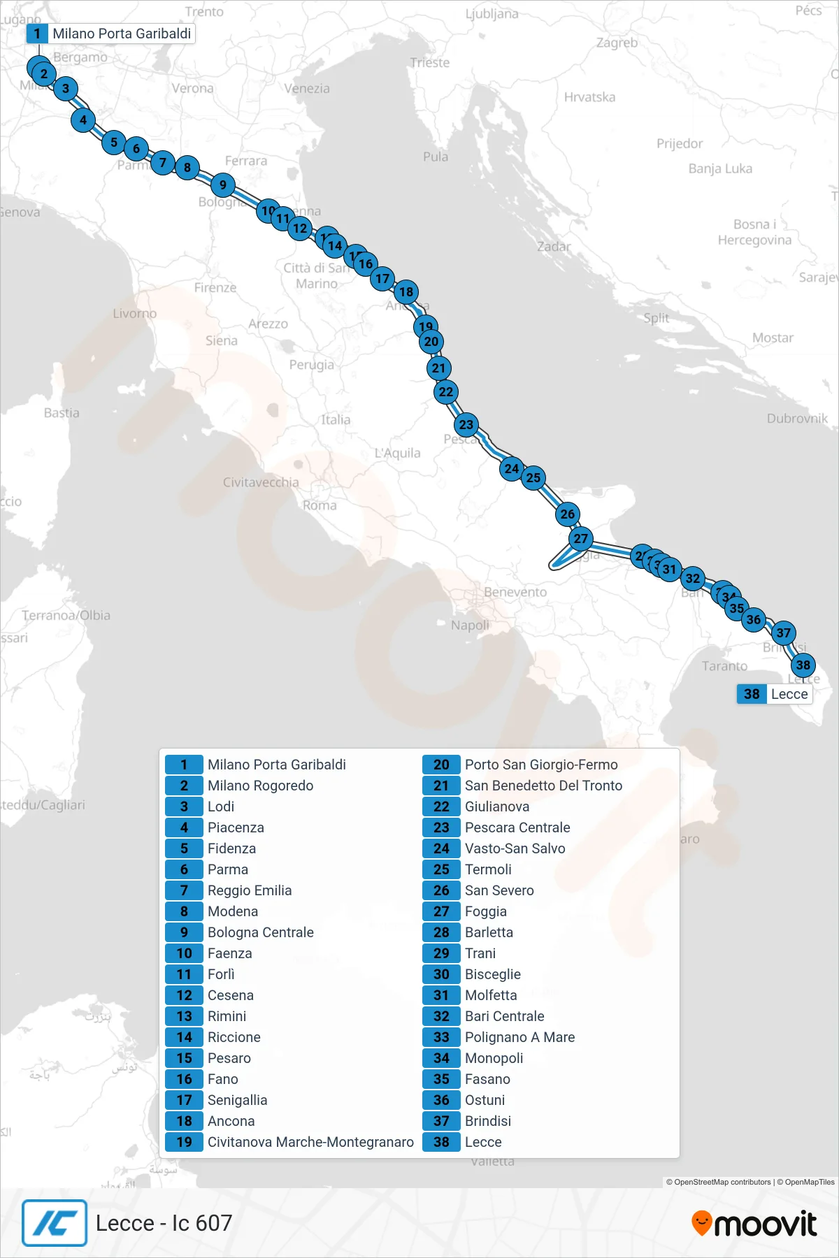 Linea IC treno (Lecce - Ic 607) - Percorsi e fermate sulla mappa