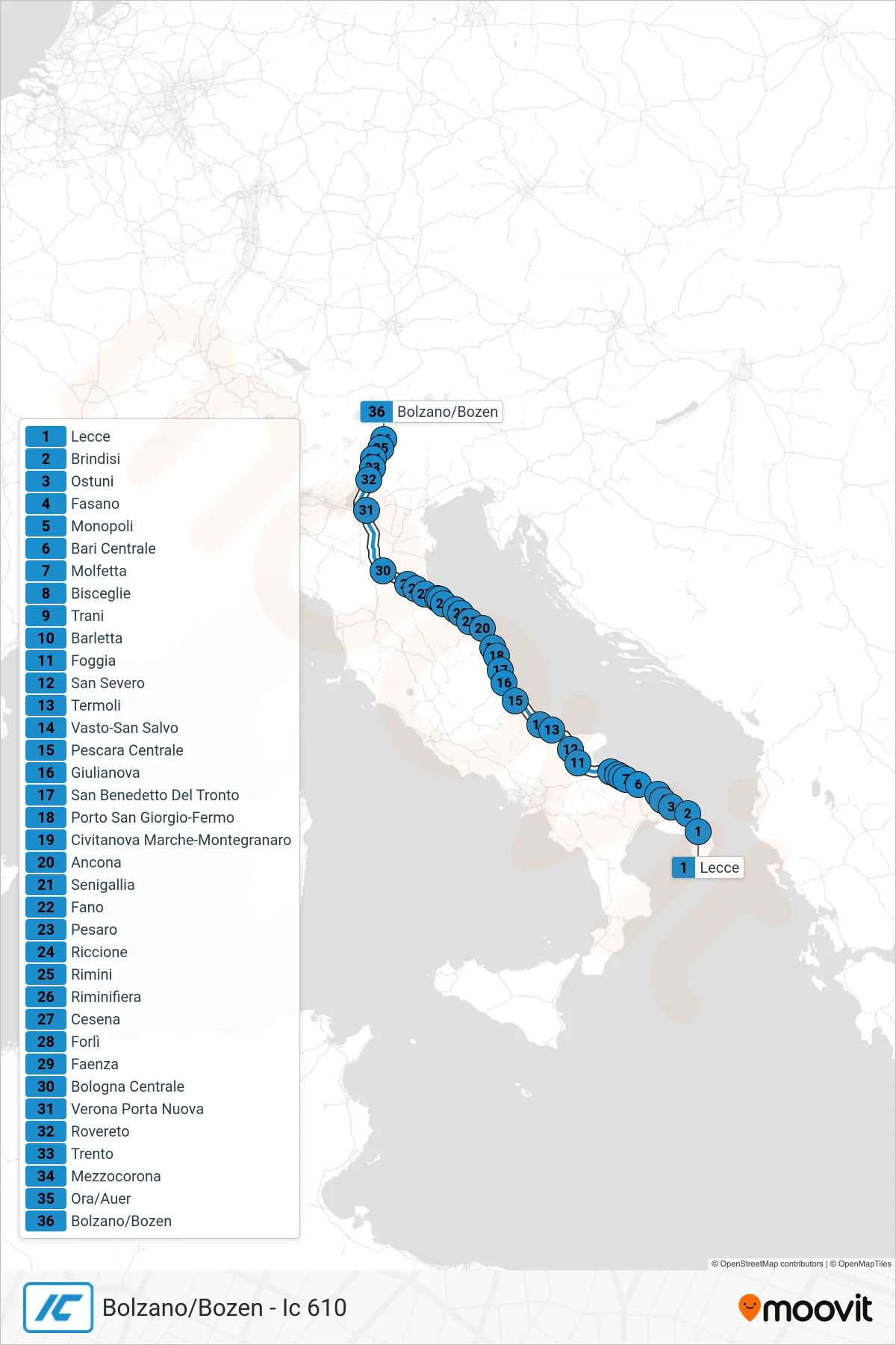 Linea IC  treno (Bolzano/Bozen - Ic 610) - Percorsi e fermate sulla mappa