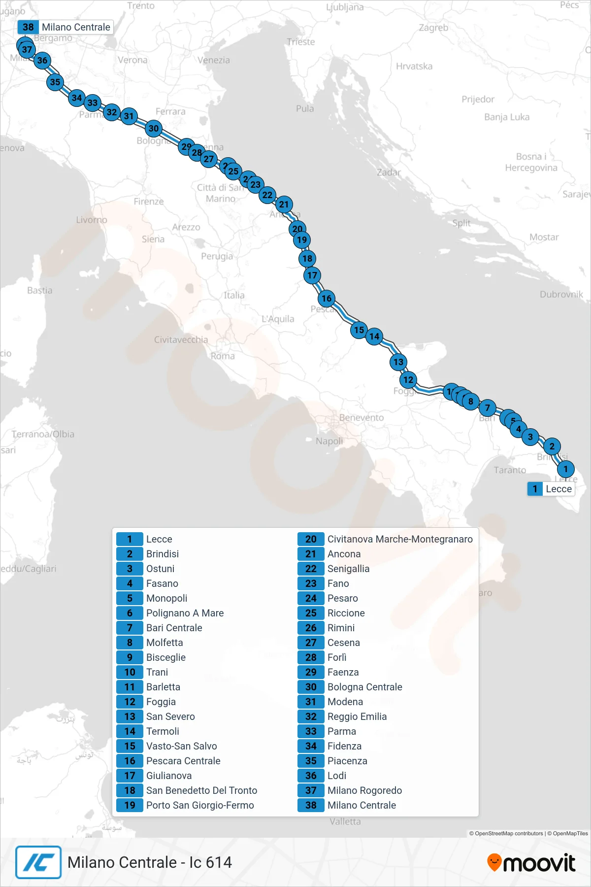 Linea IC treno (Milano Centrale - Ic 614) - Percorsi e fermate sulla mappa