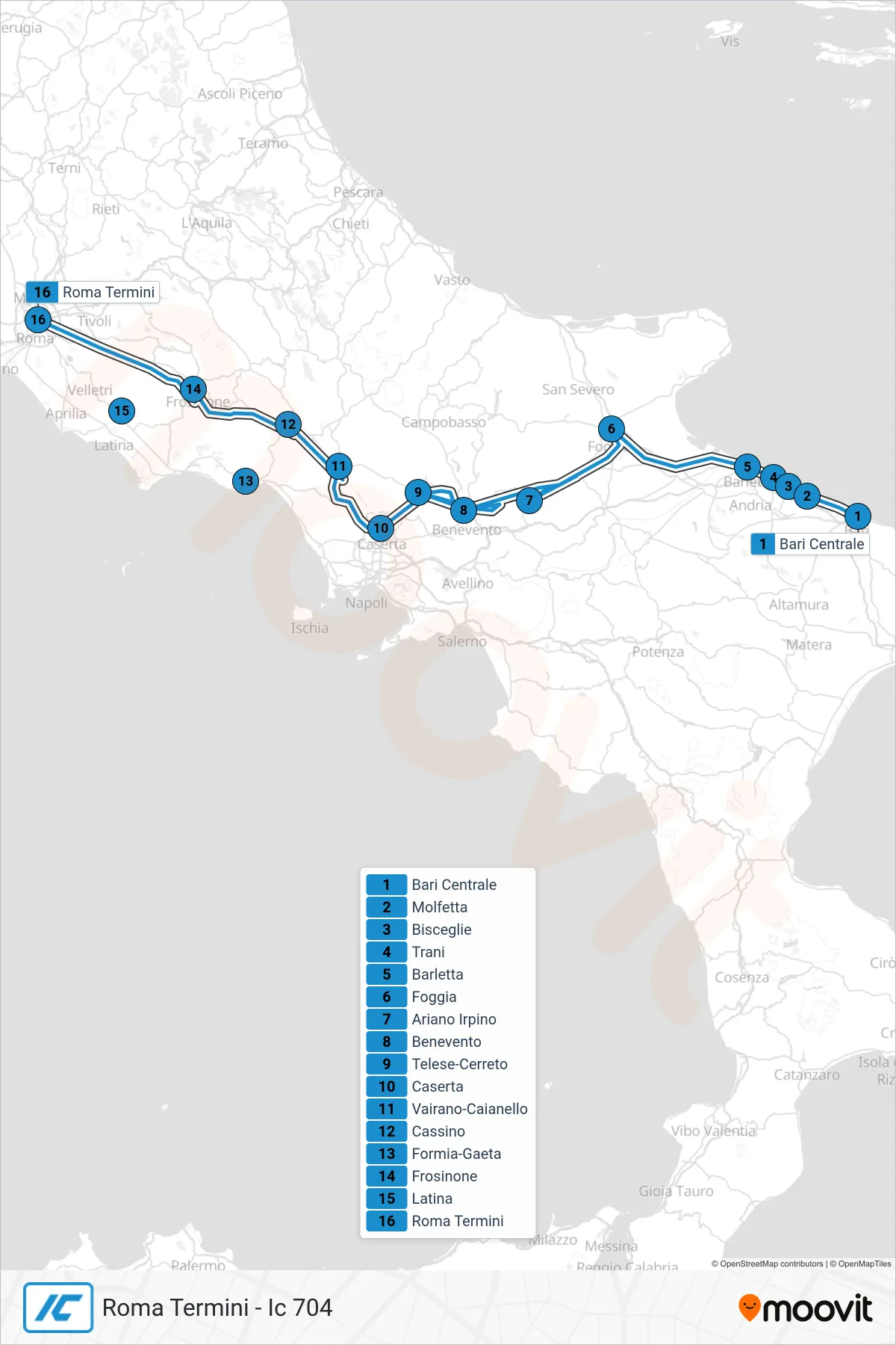 Linea IC treno (Roma Termini - Ic 704) - Percorsi e fermate sulla mappa