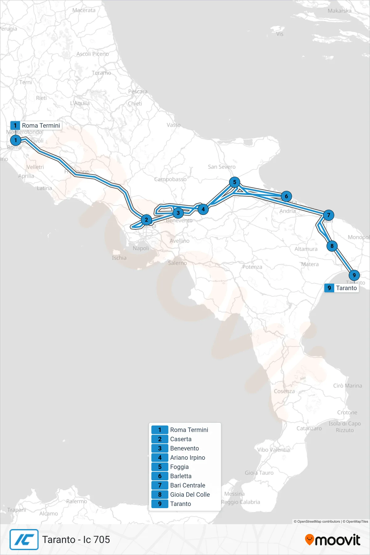 Linea IC treno (Taranto - Ic 705) - Percorsi e fermate sulla mappa