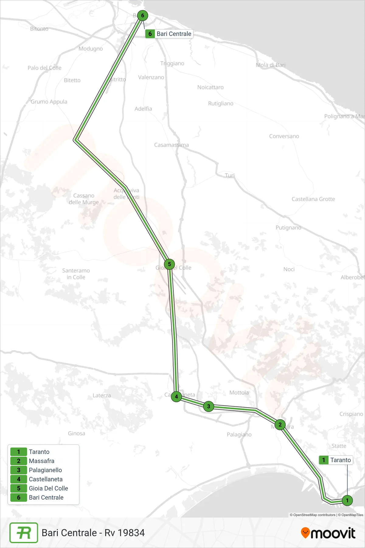 Linea RV treno (Bari Centrale - Rv 19834) - Percorsi e fermate sulla mappa