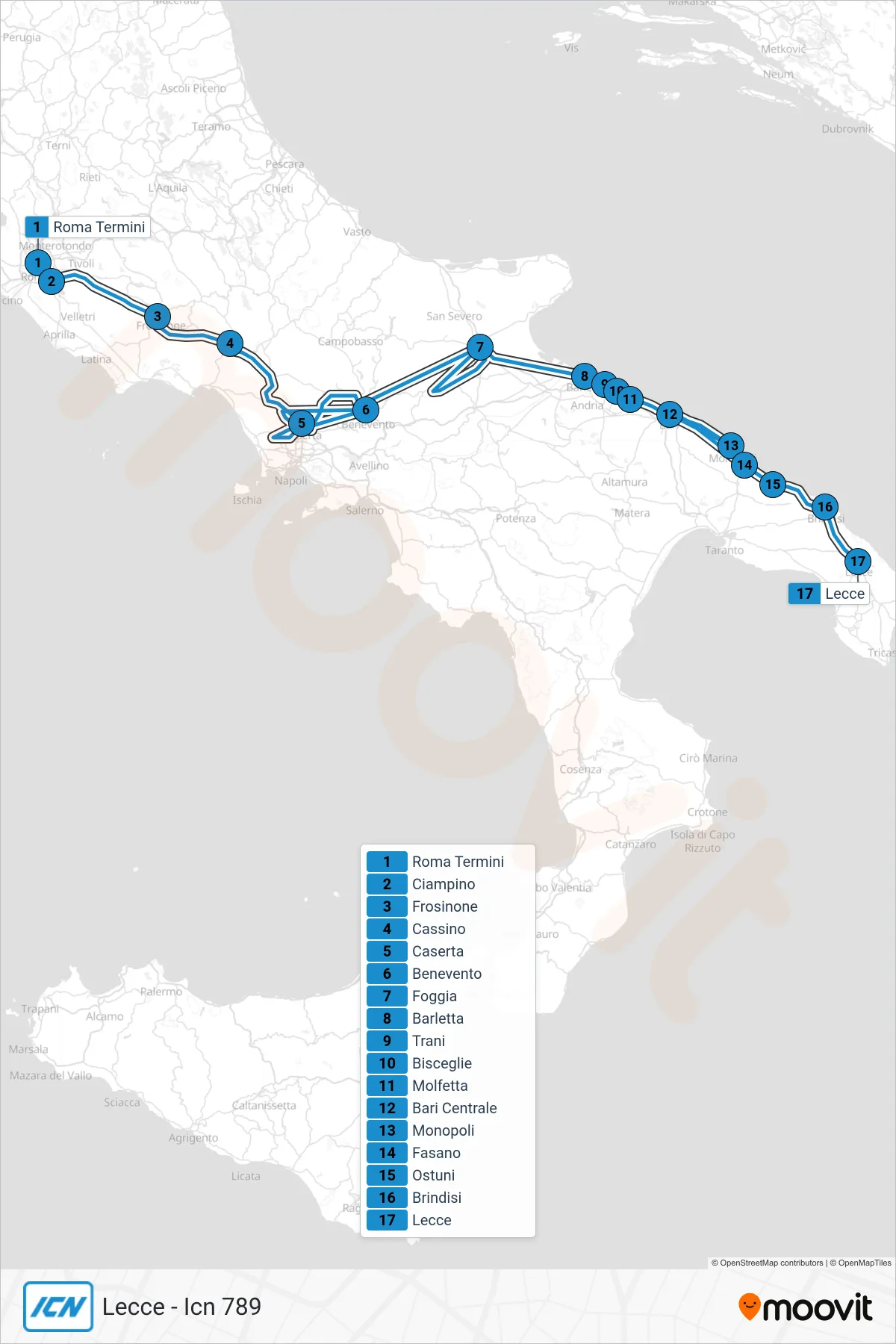 Linea ICN treno (Lecce - Icn 789) - Percorsi e fermate sulla mappa