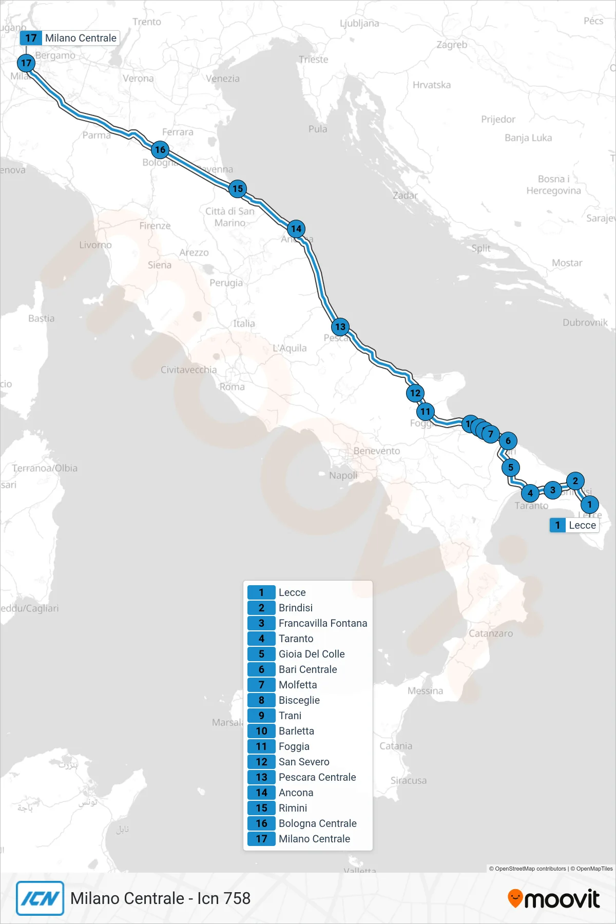 Linea ICN  treno (Milano Centrale - Icn 758) - Percorsi e fermate sulla mappa
