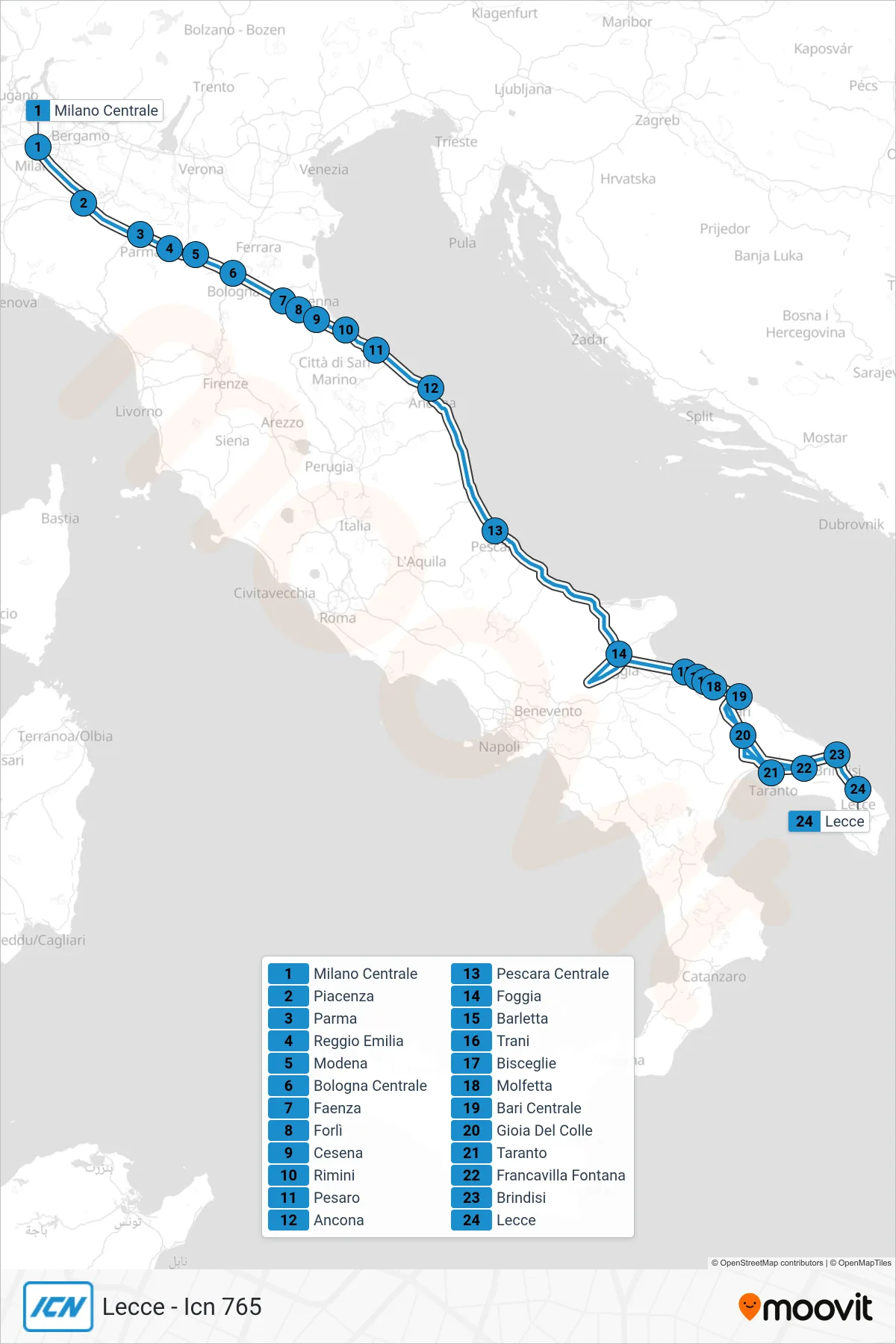 Linea ICN treno (Lecce - Icn 765) - Percorsi e fermate sulla mappa