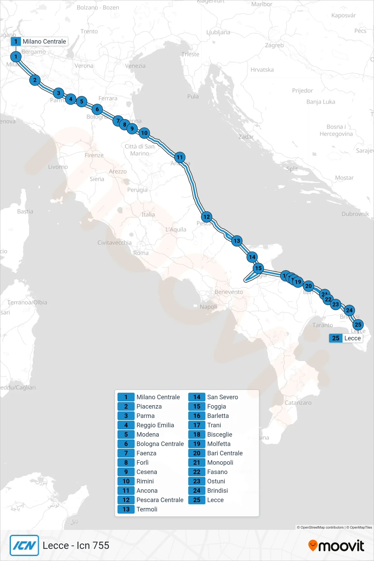 Linea ICN treno (Lecce - Icn 755) - Percorsi e fermate sulla mappa