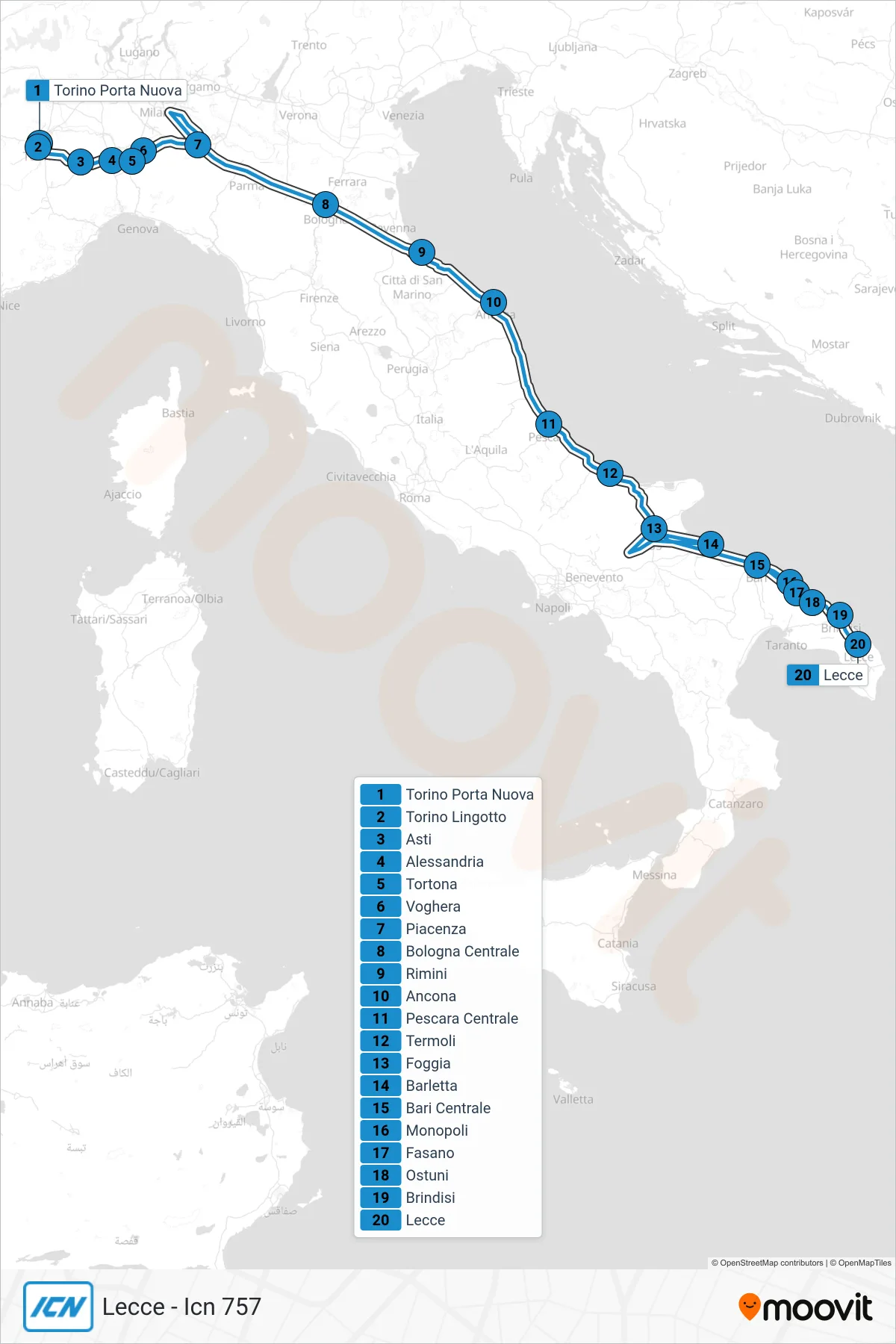 Linea ICN treno (Lecce - Icn 757) - Percorsi e fermate sulla mappa