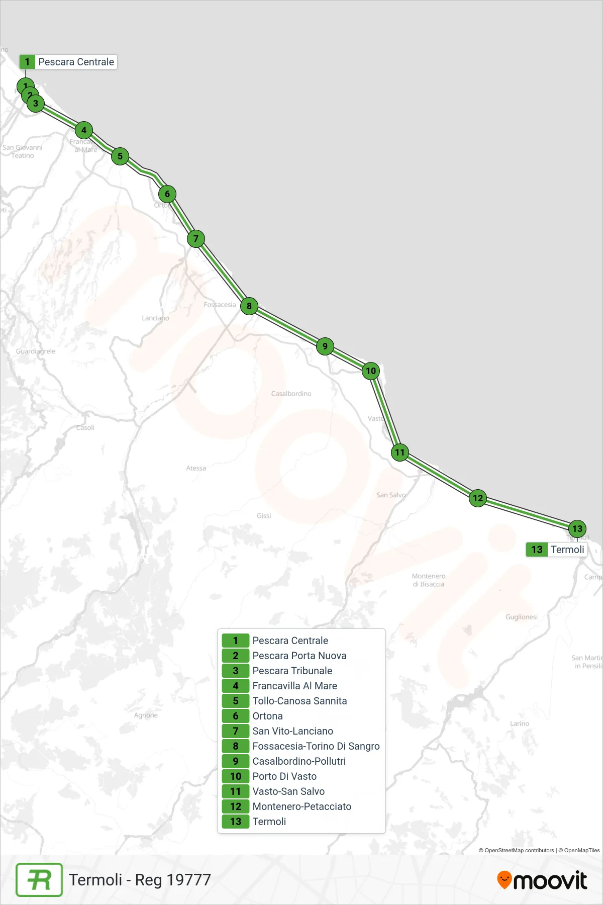 Linea REG  treno (Termoli - Reg 19777) - Percorsi e fermate sulla mappa