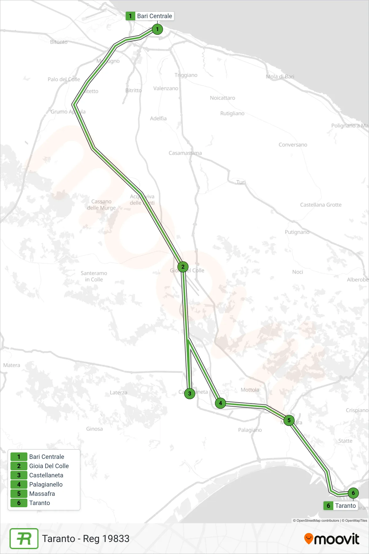 Linea REG  treno (Taranto - Reg 19833) - Percorsi e fermate sulla mappa
