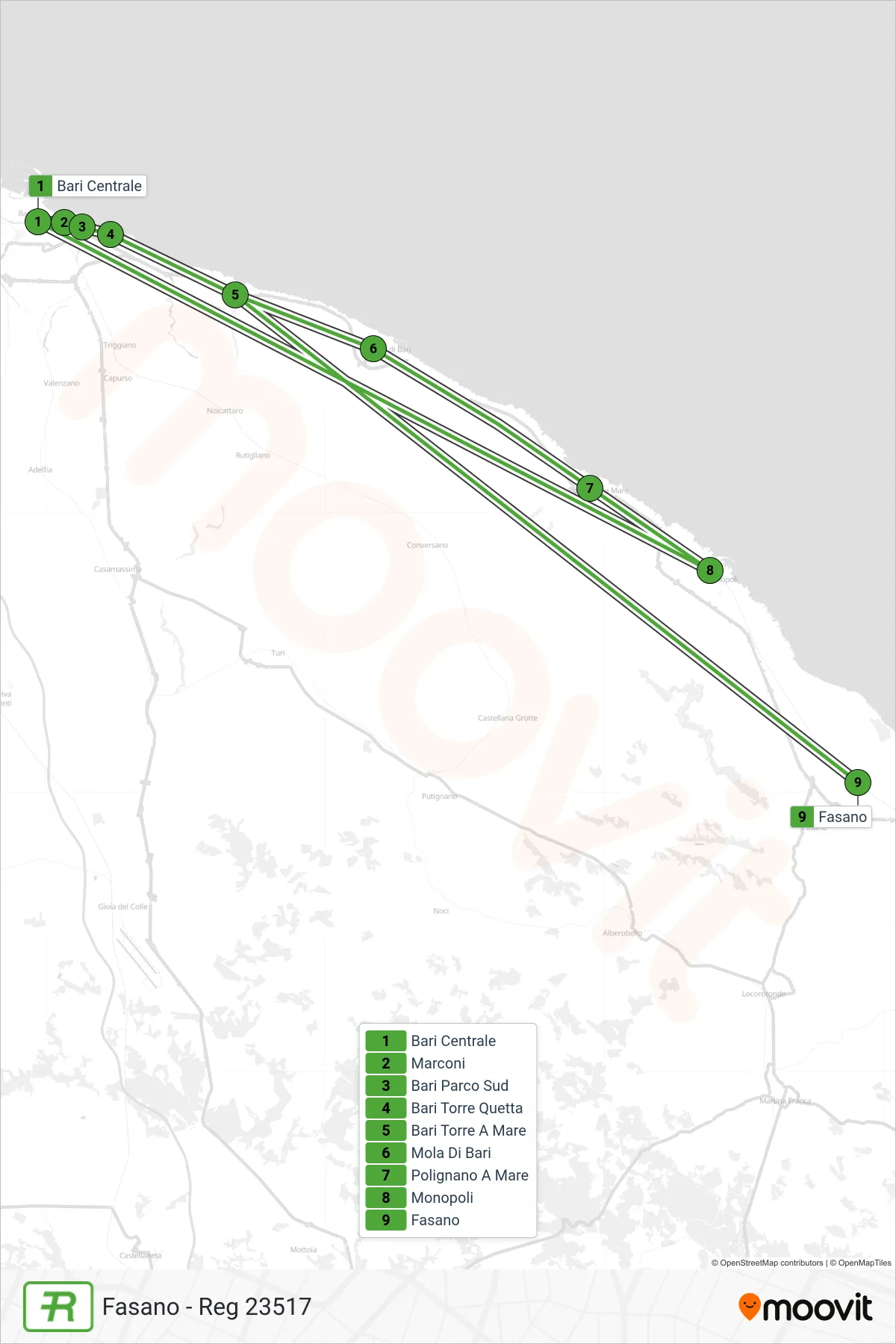 Linea REG  treno (Fasano - Reg 23517) - Percorsi e fermate sulla mappa