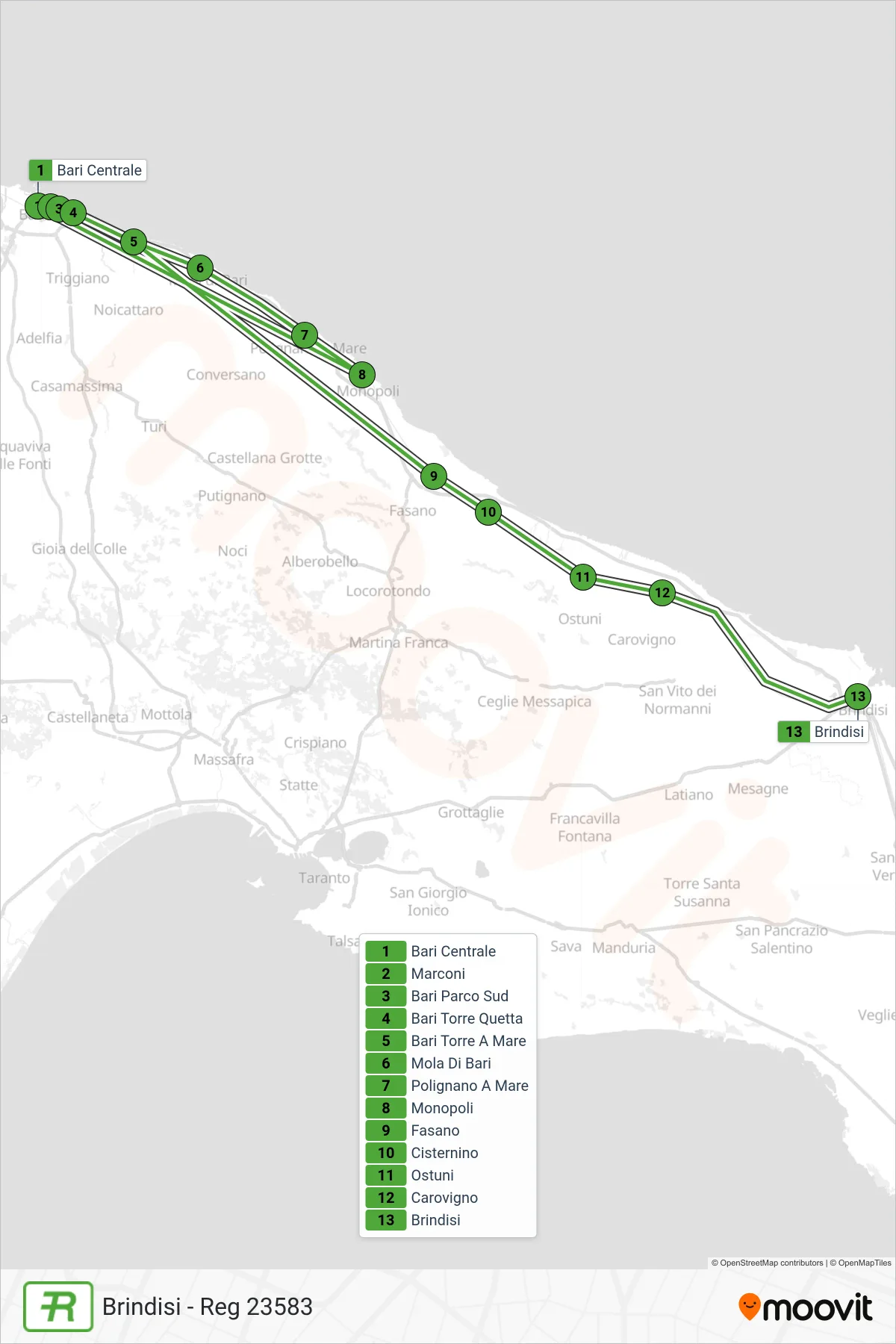 Linea REG treno (Brindisi - Reg 23583) - Percorsi e fermate sulla mappa