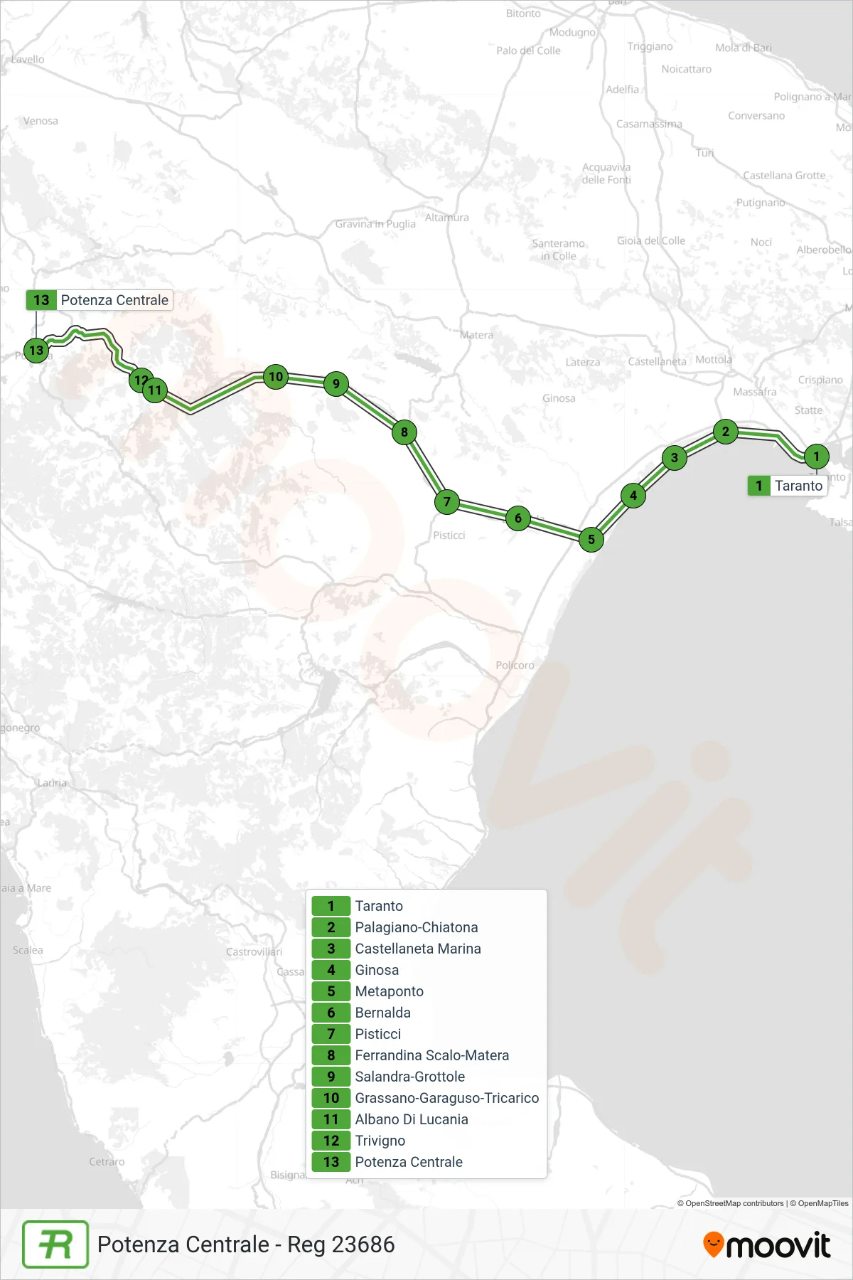 Linea REG treno (Potenza Centrale - Reg 23686) - Percorsi e fermate sulla mappa