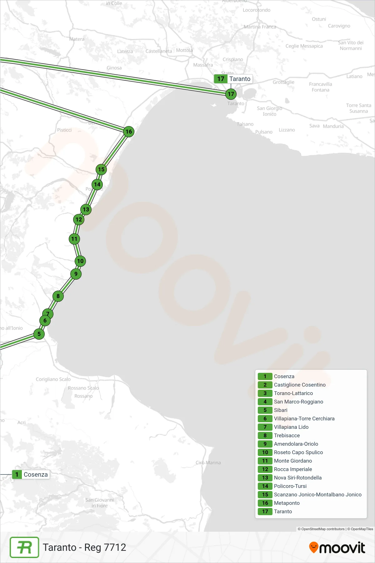 Linea REG  treno (Taranto - Reg 7712) - Percorsi e fermate sulla mappa