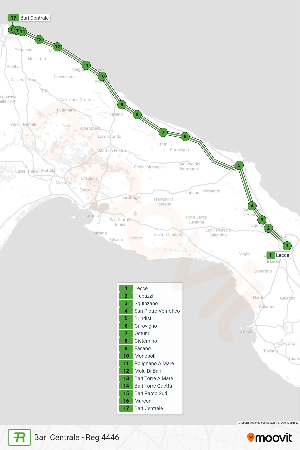 Linea REG treno (Bari Centrale - Reg 4446) - Percorsi e fermate sulla mappa