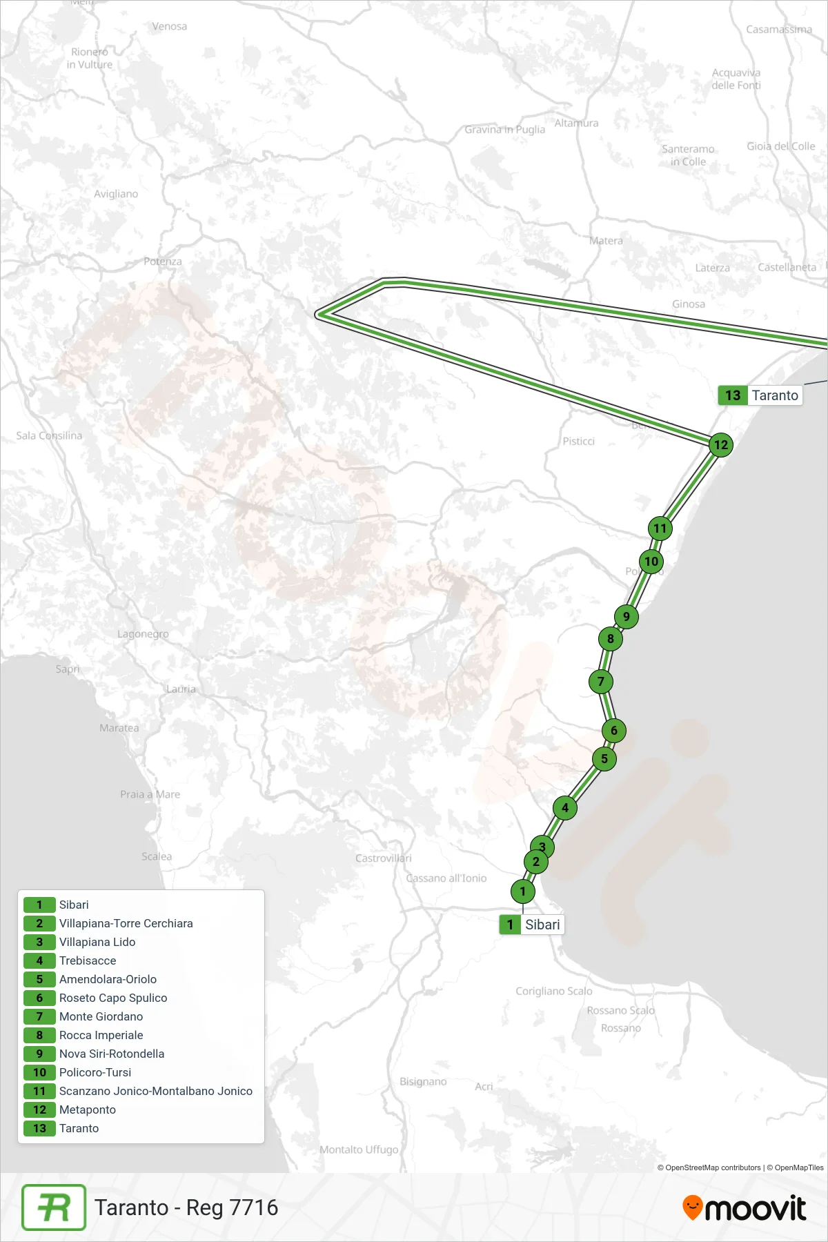 Linea REG treno (Taranto - Reg 7716) - Percorsi e fermate sulla mappa