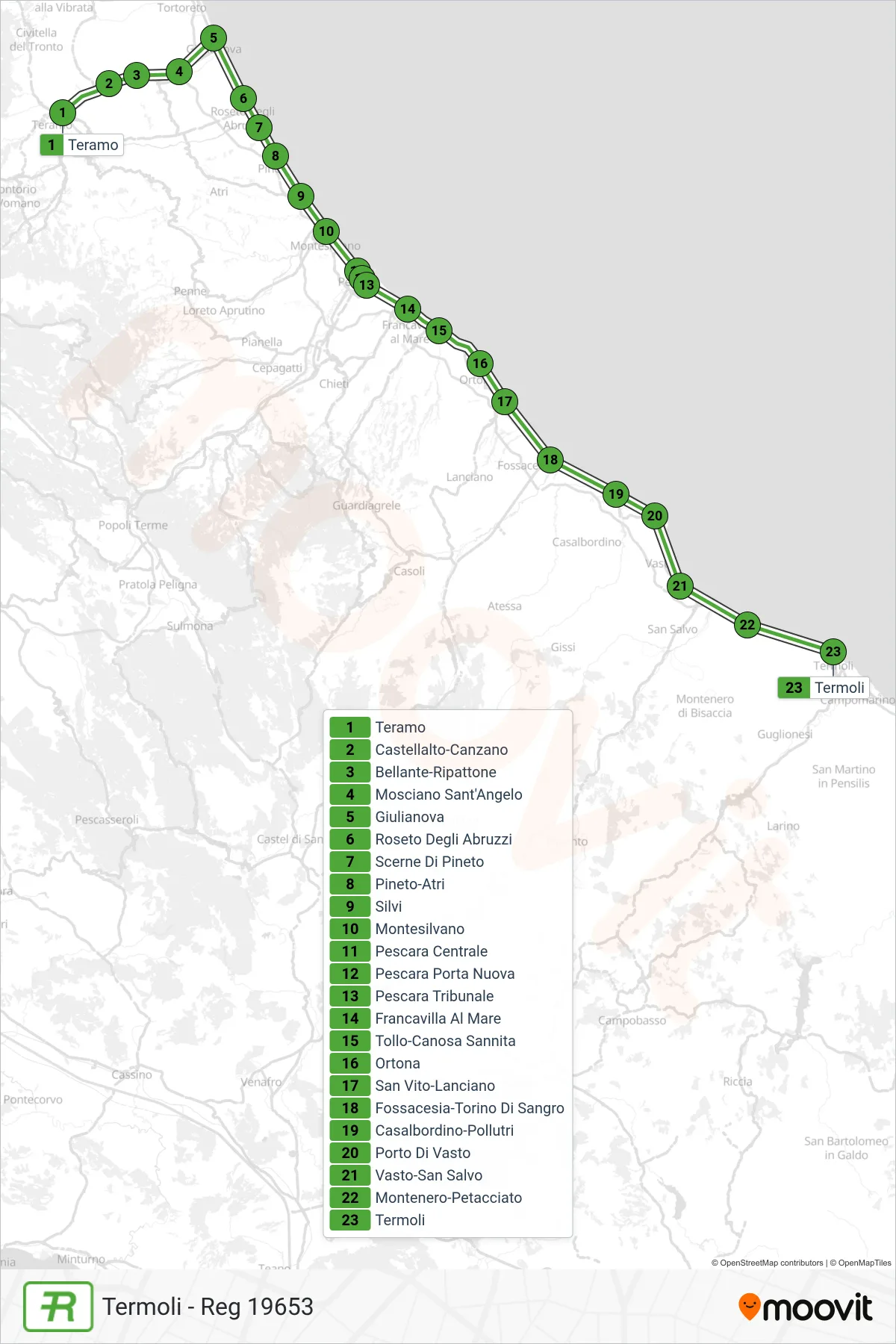 Linea REG treno (Termoli - Reg 19653) - Percorsi e fermate sulla mappa
