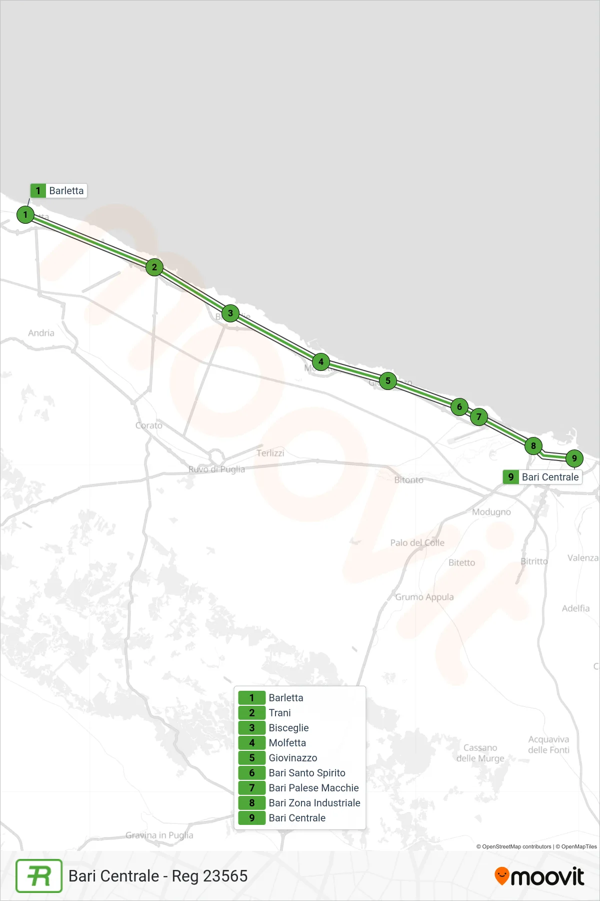 Linea REG treno (Bari Centrale - Reg 23565) - Percorsi e fermate sulla mappa