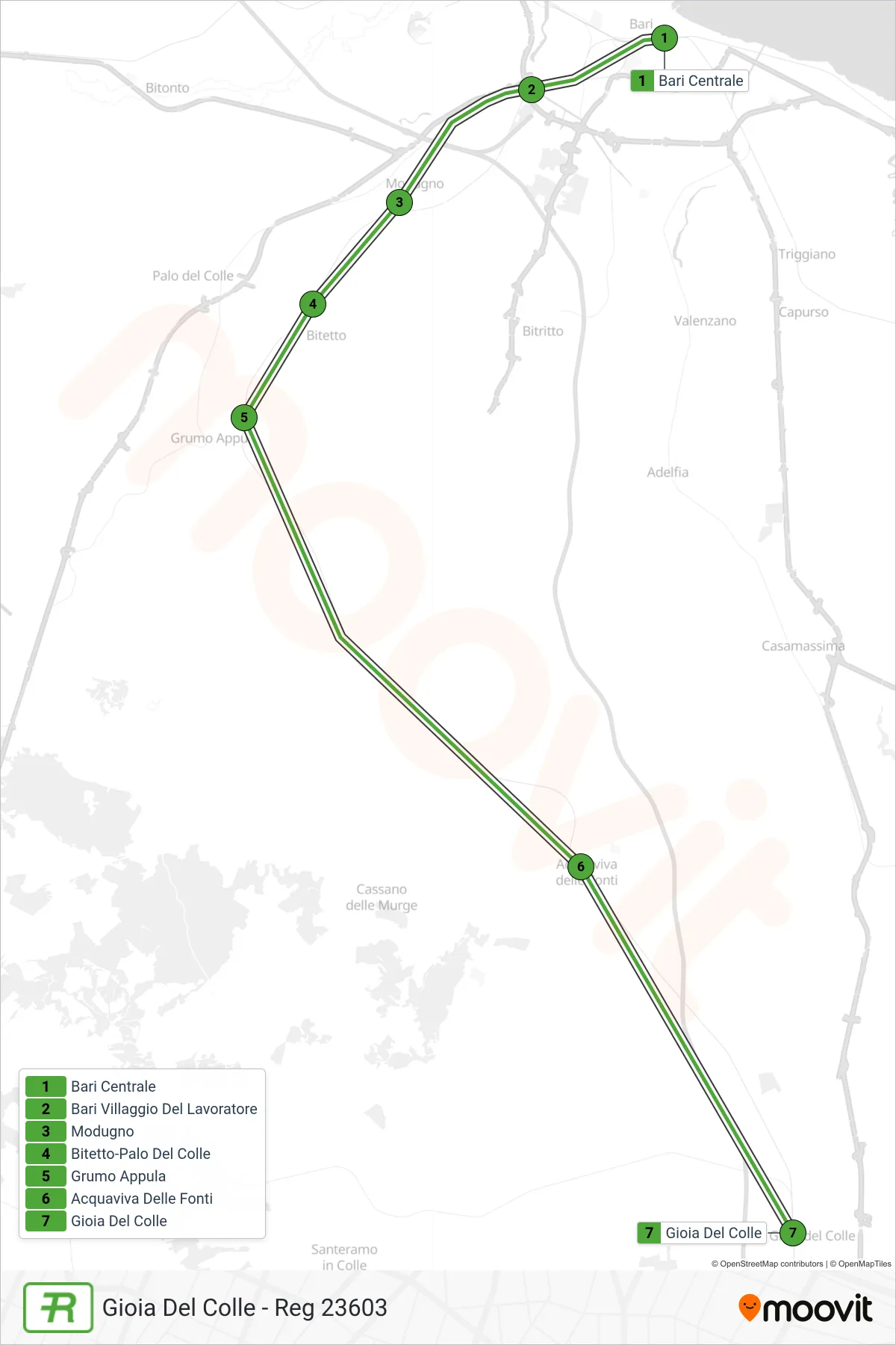 Linea REG  treno (Gioia Del Colle - Reg 23603) - Percorsi e fermate sulla mappa