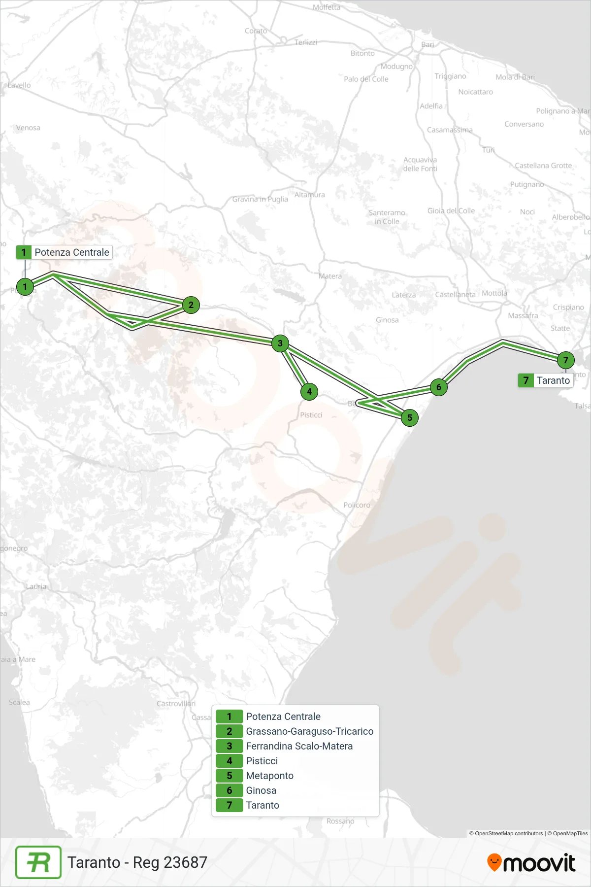 Linea REG treno (Taranto - Reg 23687) - Percorsi e fermate sulla mappa