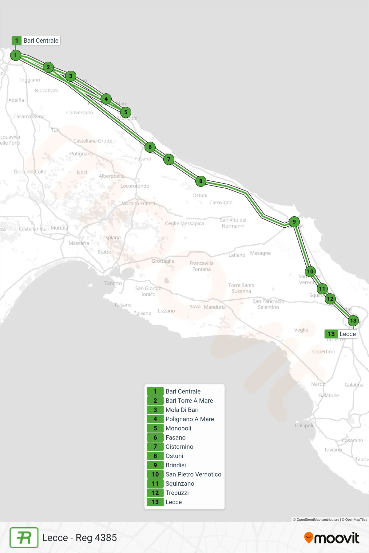 Linea REG treno (Lecce - Reg 4385) - Percorsi e fermate sulla mappa