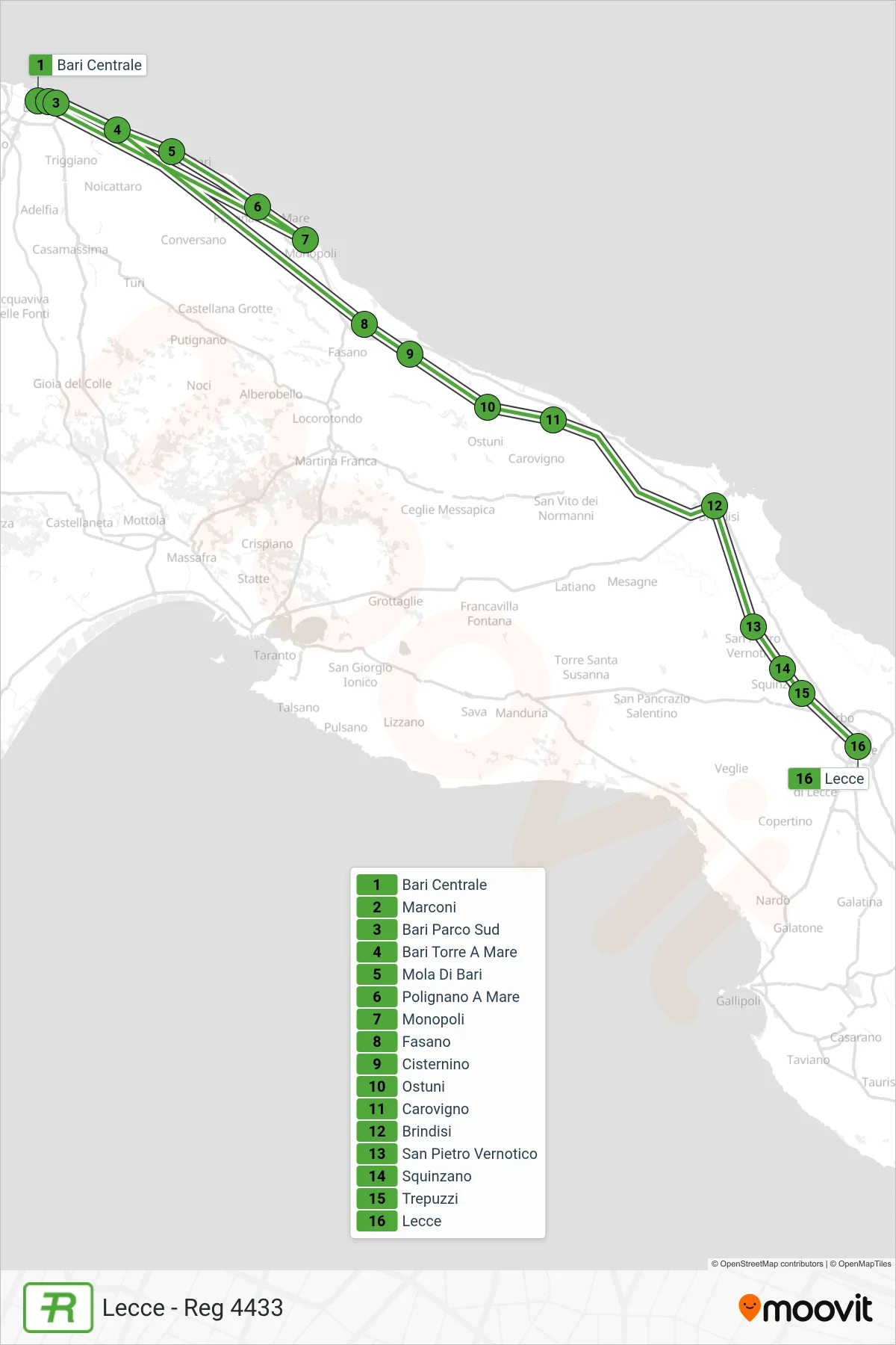Linea REG treno (Lecce - Reg 4433) - Percorsi e fermate sulla mappa